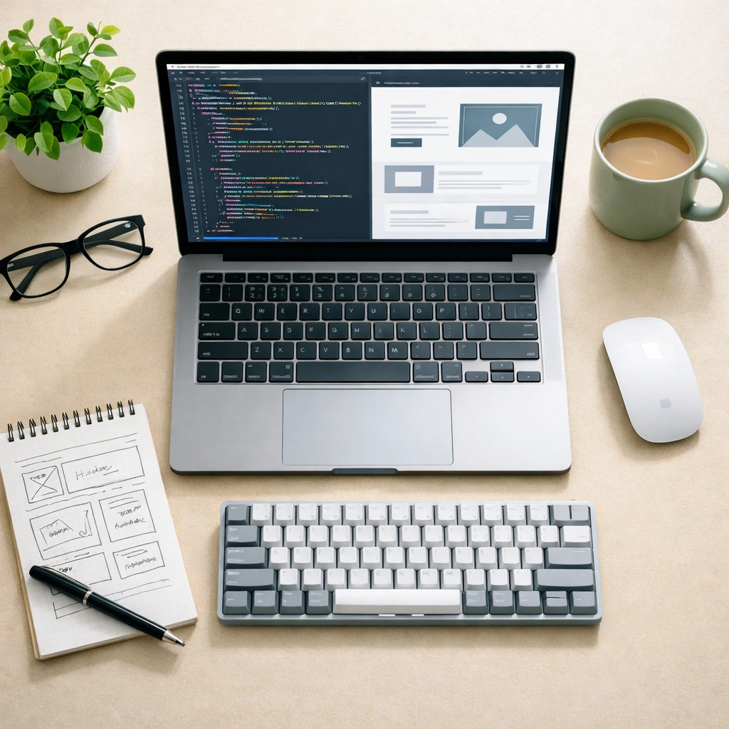 Professional web maintenance workspace with laptop displaying website code and design tools