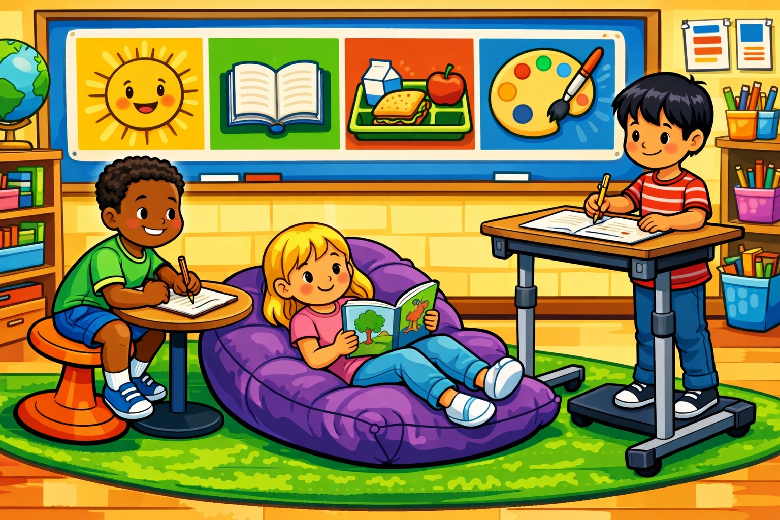 Inclusive classroom with diverse children using flexible seating like wobble stools and standing desks for UDL.