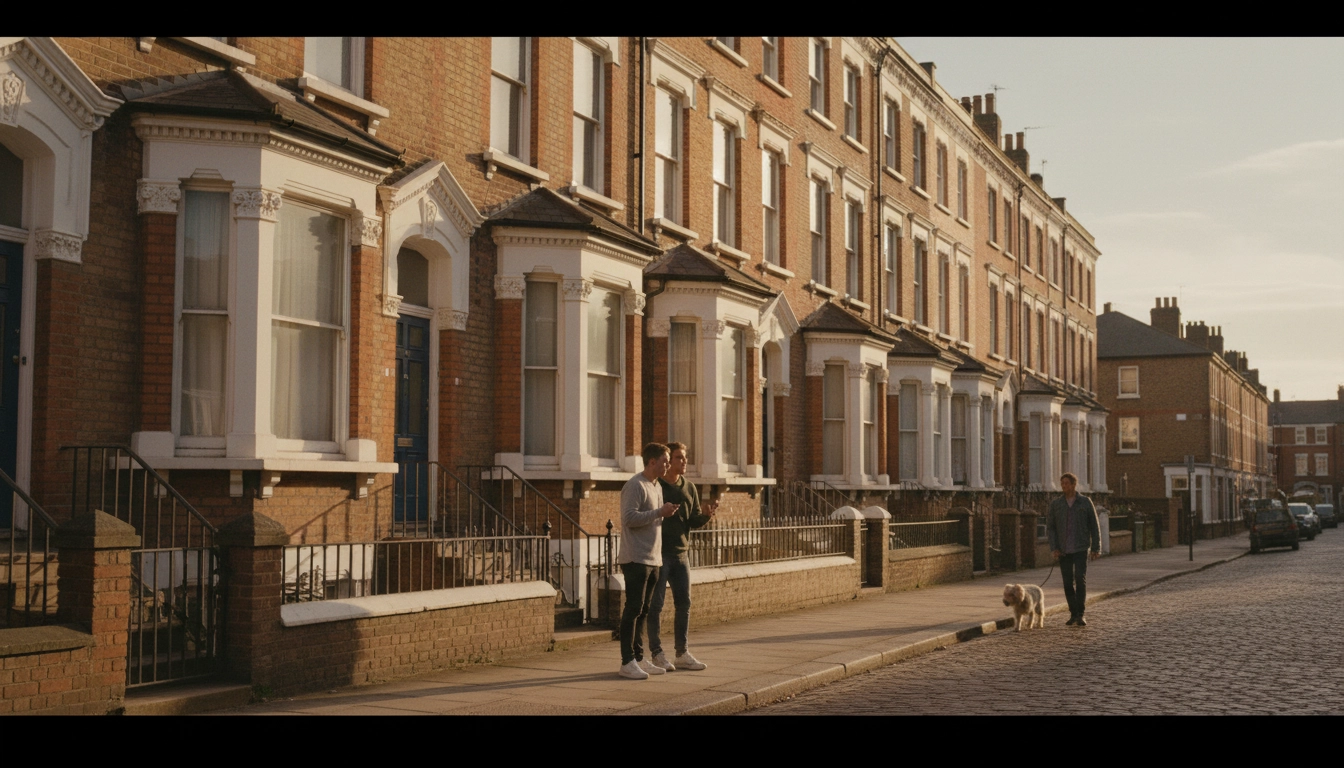 A UK street with people walking along it
