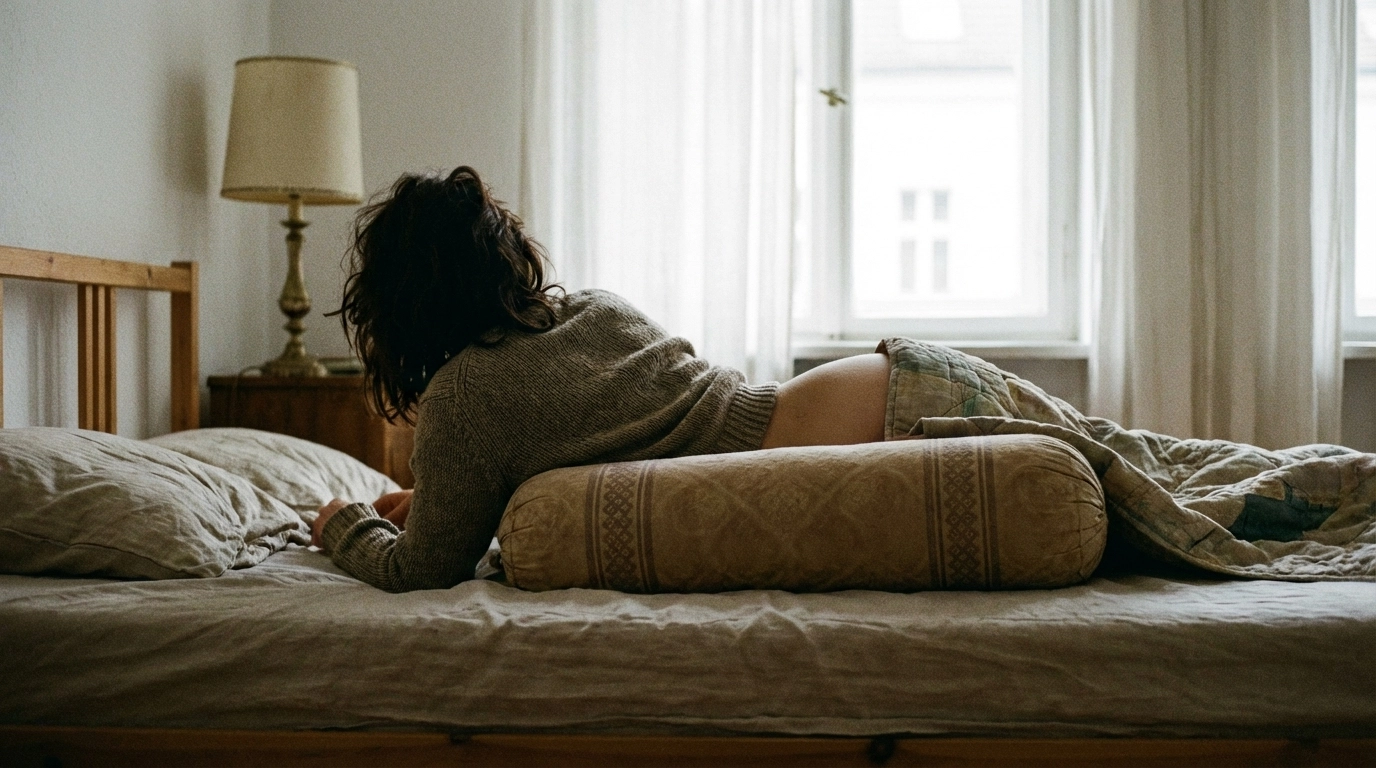 Grainy 35mm natural-light shot illustrating pillow under hips for better angle (early-30s couple, no makeup, clean Berlin bedroom)