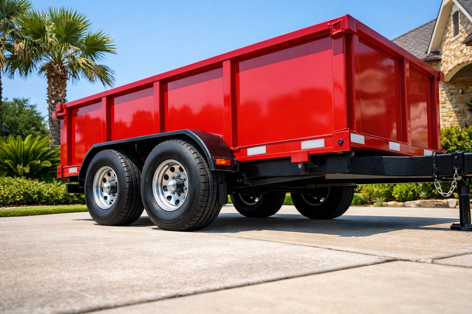 Red mobile dumpster trailer on rubber wheels parked safely on a Houston residential driveway.