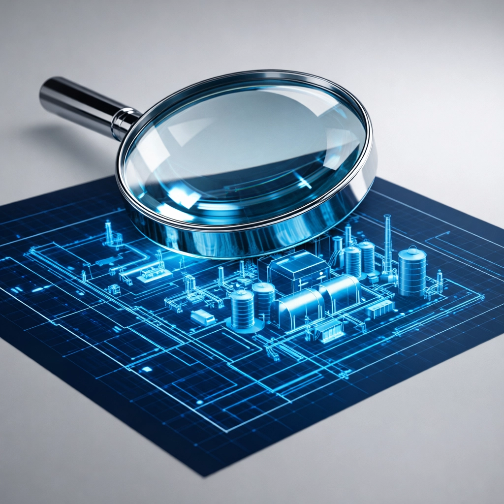 A magnifying lens over digital plans illustrating intensive company due diligence in Vietnam under the 2026 law.