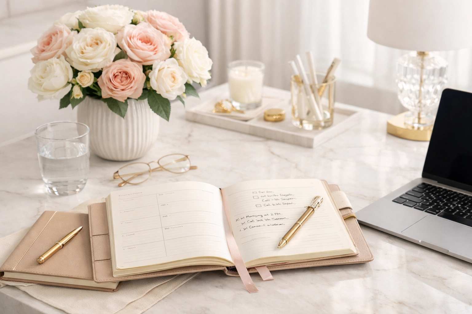 A high-end, realistic home office setup with professional lighting equipment (ring light, microphone) but without any person present, looking bright and ready for a Director-level broadcast.