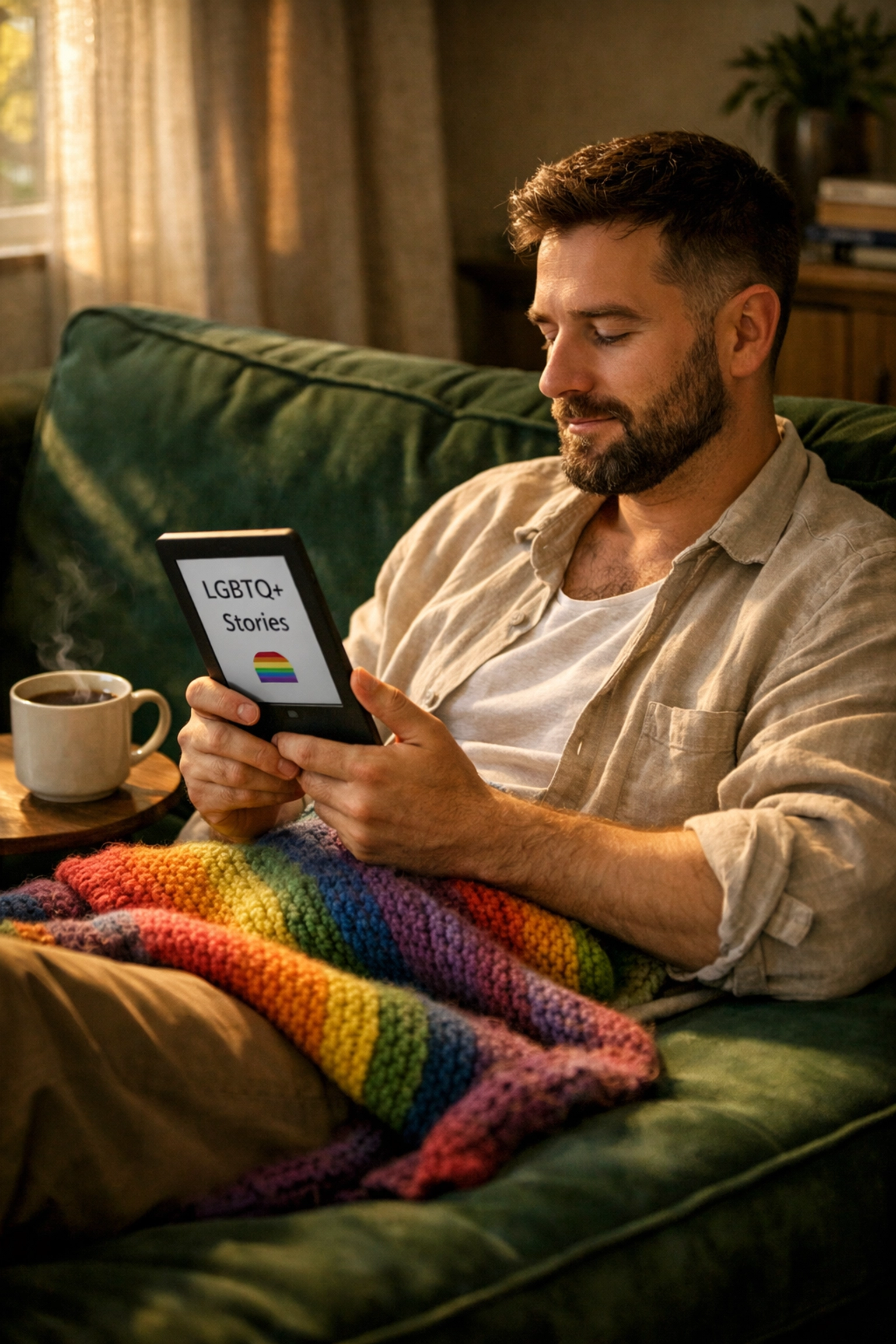 Gay man reading an LGBTQ+ ebook, highlighting self-care and resilience in a professional strategy.