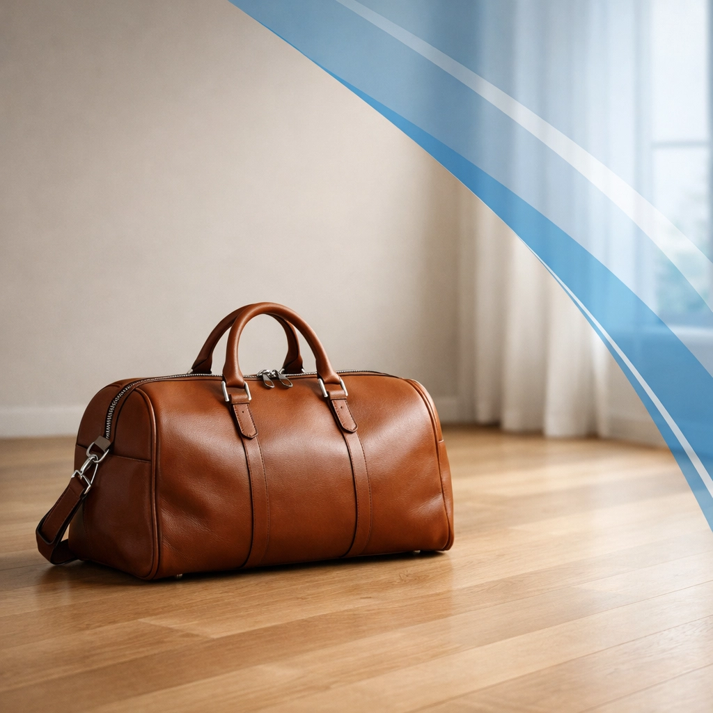 A leather travel bag in a modern room symbolizing moving out of the marital home during a divorce.