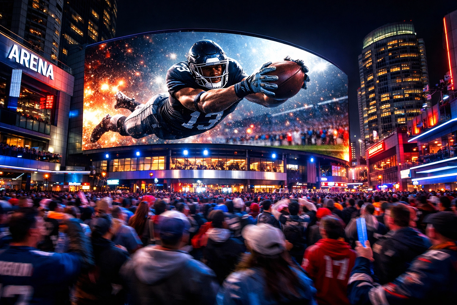 Vibrant digital billboard advertising to fans in a crowded urban plaza for Super Bowl 2026.