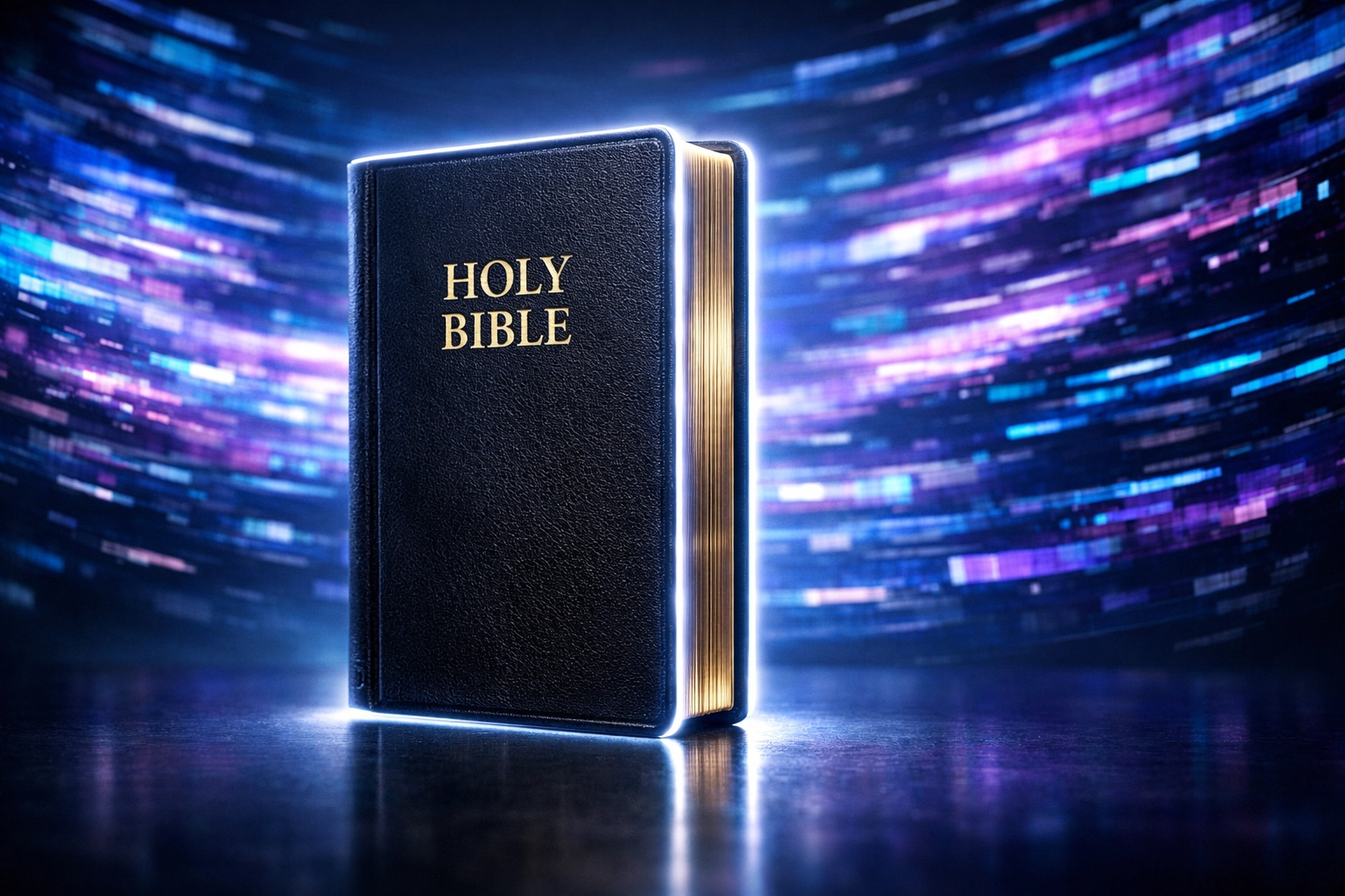 A Bible standing firm as a fixed point of truth amidst digital data and noise.