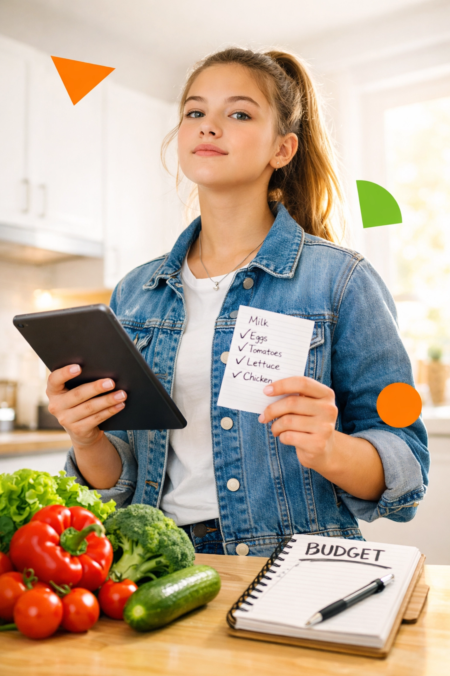 Teen girl planning family meals with grocery list teaching responsibility and leadership skills at home