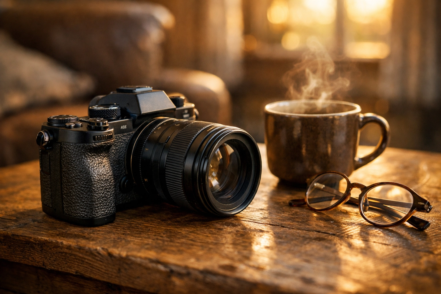 Mirrorless camera on a rustic table during golden hour, illustrating photography 101 for beginners.