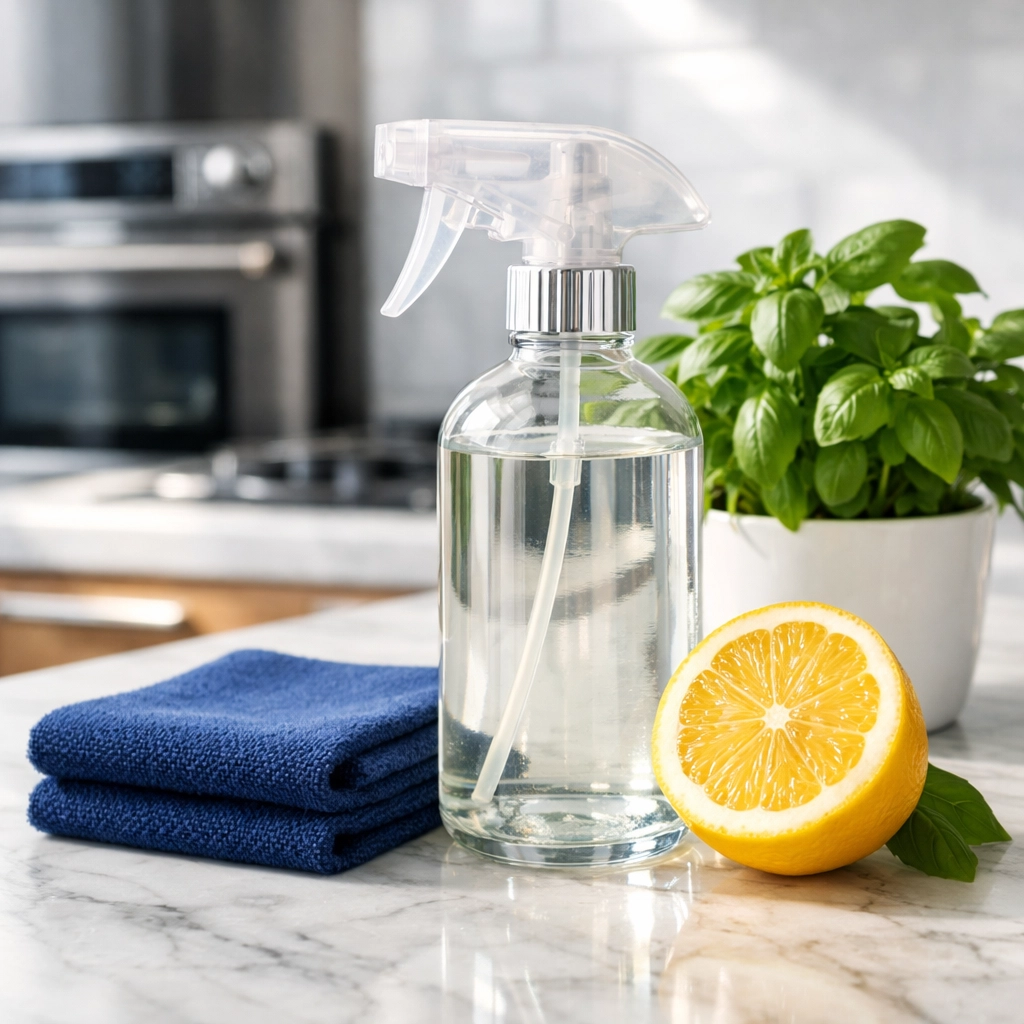 Eco-friendly cleaning products and navy microfiber cloth used by cleaning services near me for a green clean.