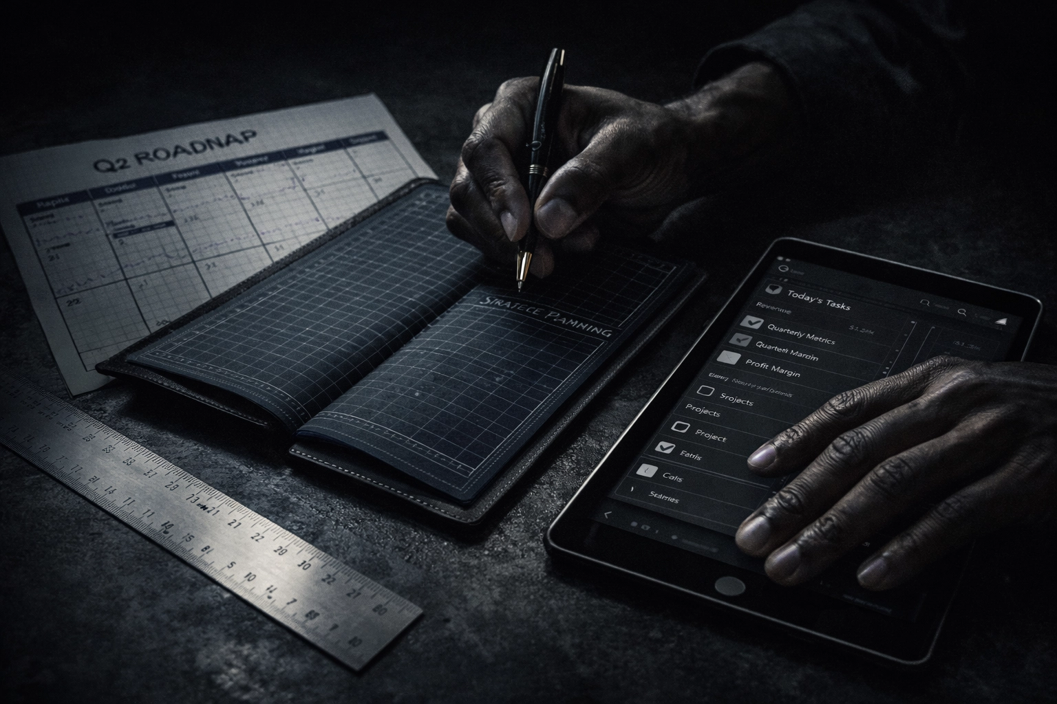 Strategic planning and journaling with quarterly roadmap, blueprint-style notebook, and a focused build workflow in a cinematic minimalist setup