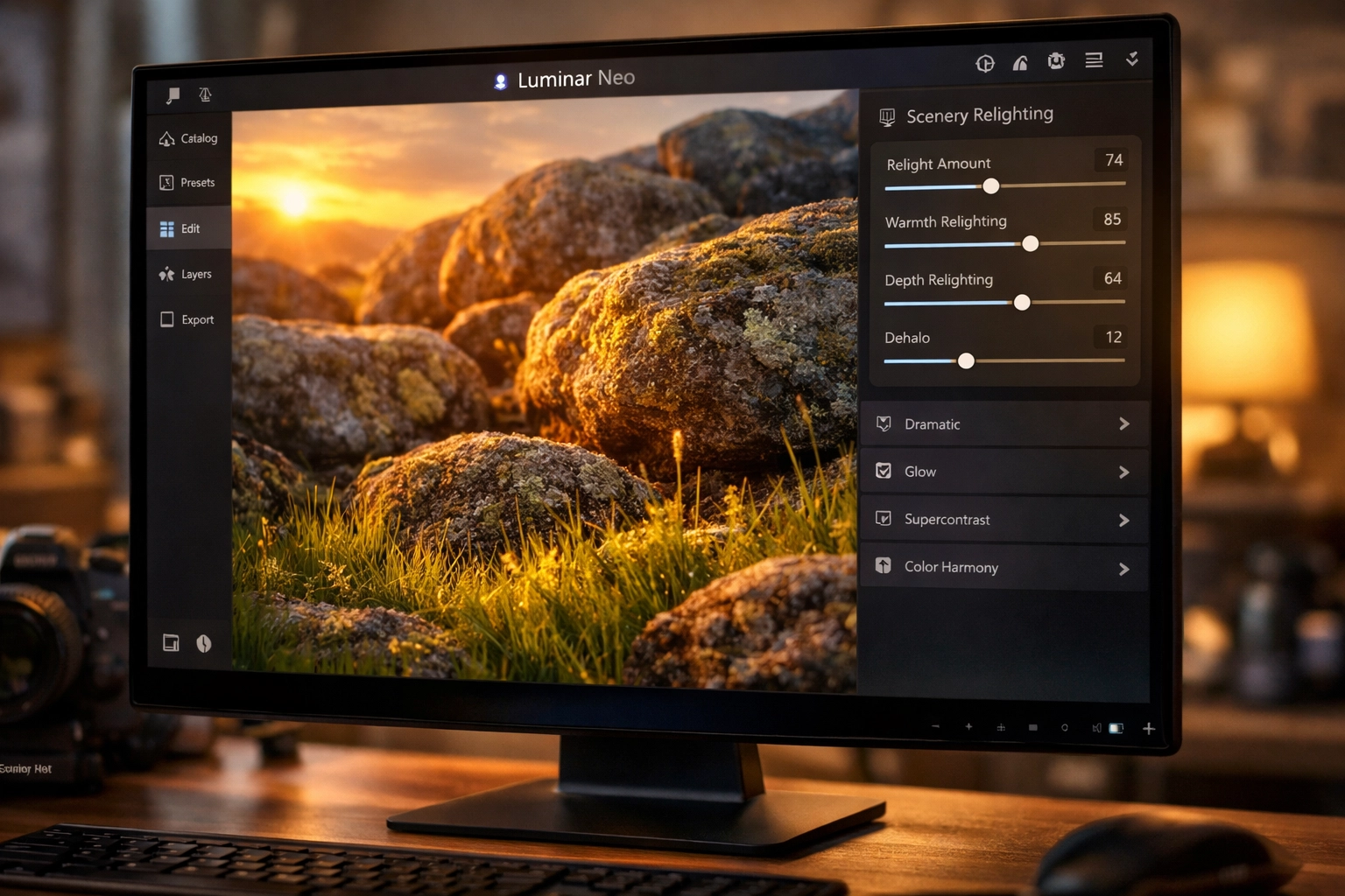 Luminar Neo interface showing Scenery Relighting tool warming the foreground of a landscape photo.