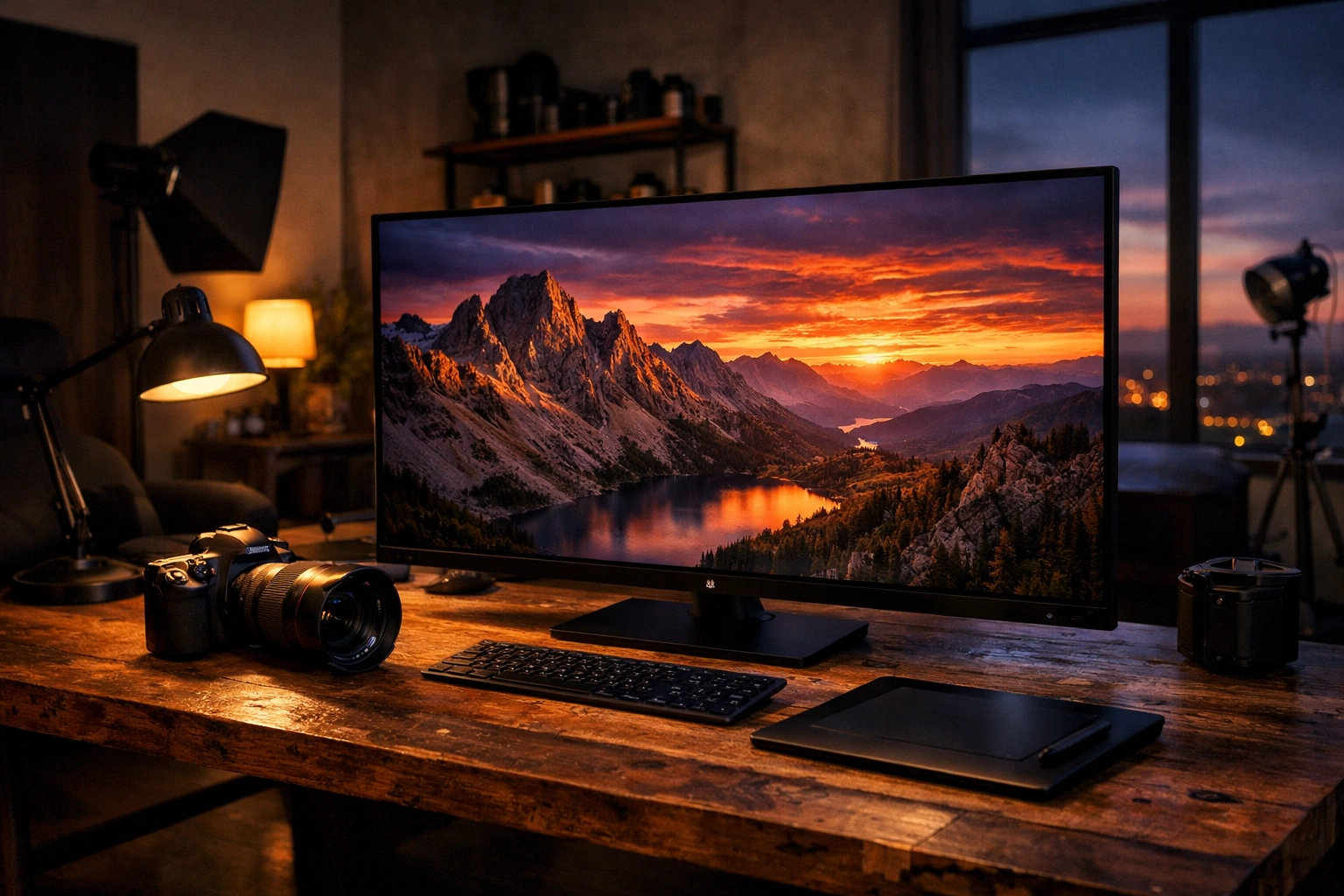 Professional photography workspace with high-resolution monitor showing a landscape edited for web speed.