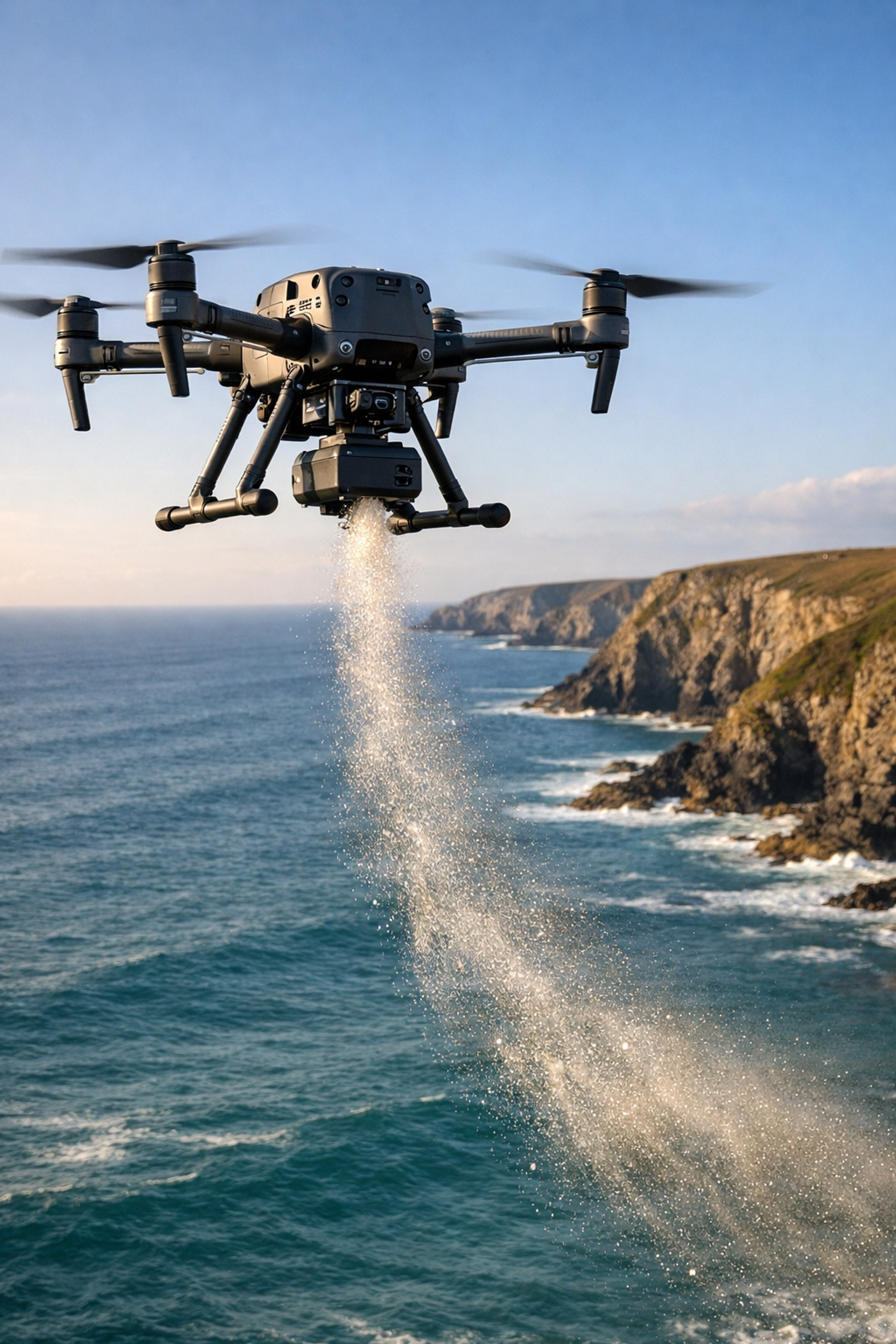 Professional drone ashes scattering ceremony over the Atlantic ocean and rugged cliffs at Porthtowan.