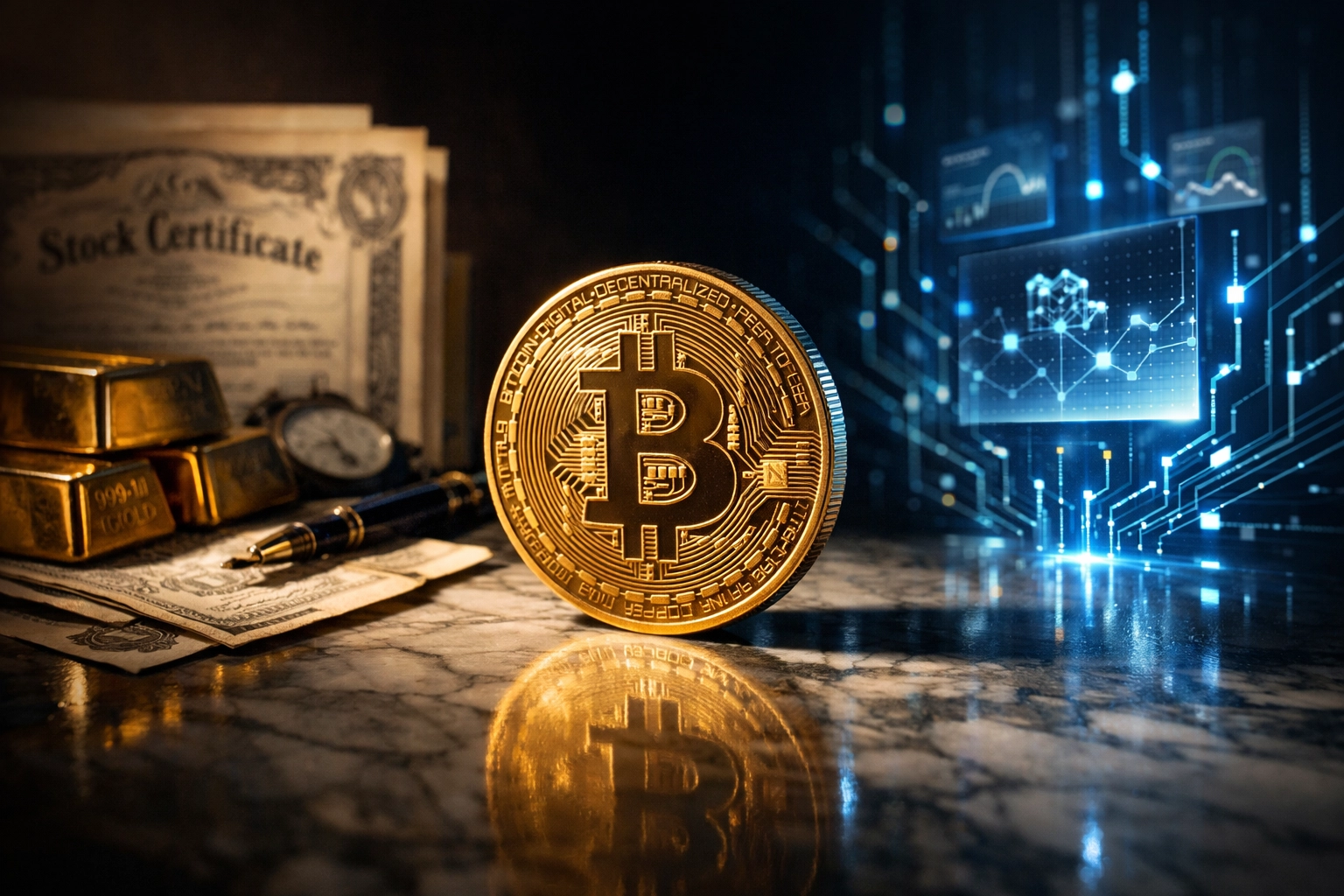 Bitcoin balanced with traditional assets representing institutional crypto portfolio integration