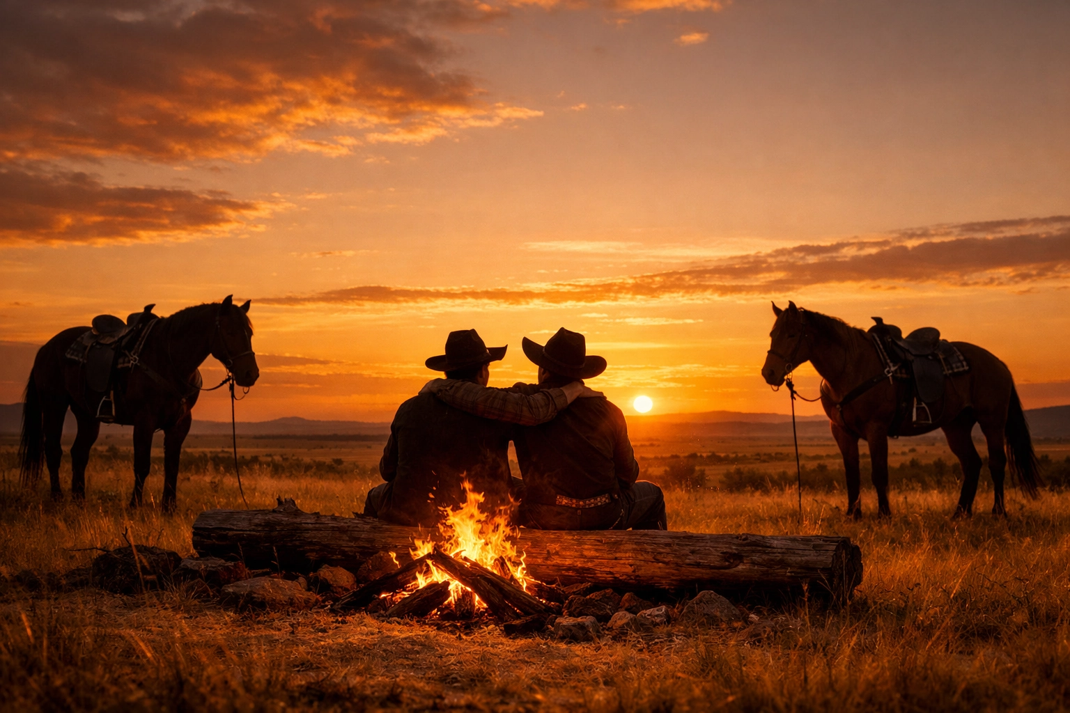Gay cowboys sharing an intimate moment by a campfire at sunset, a staple of Western gay fiction.