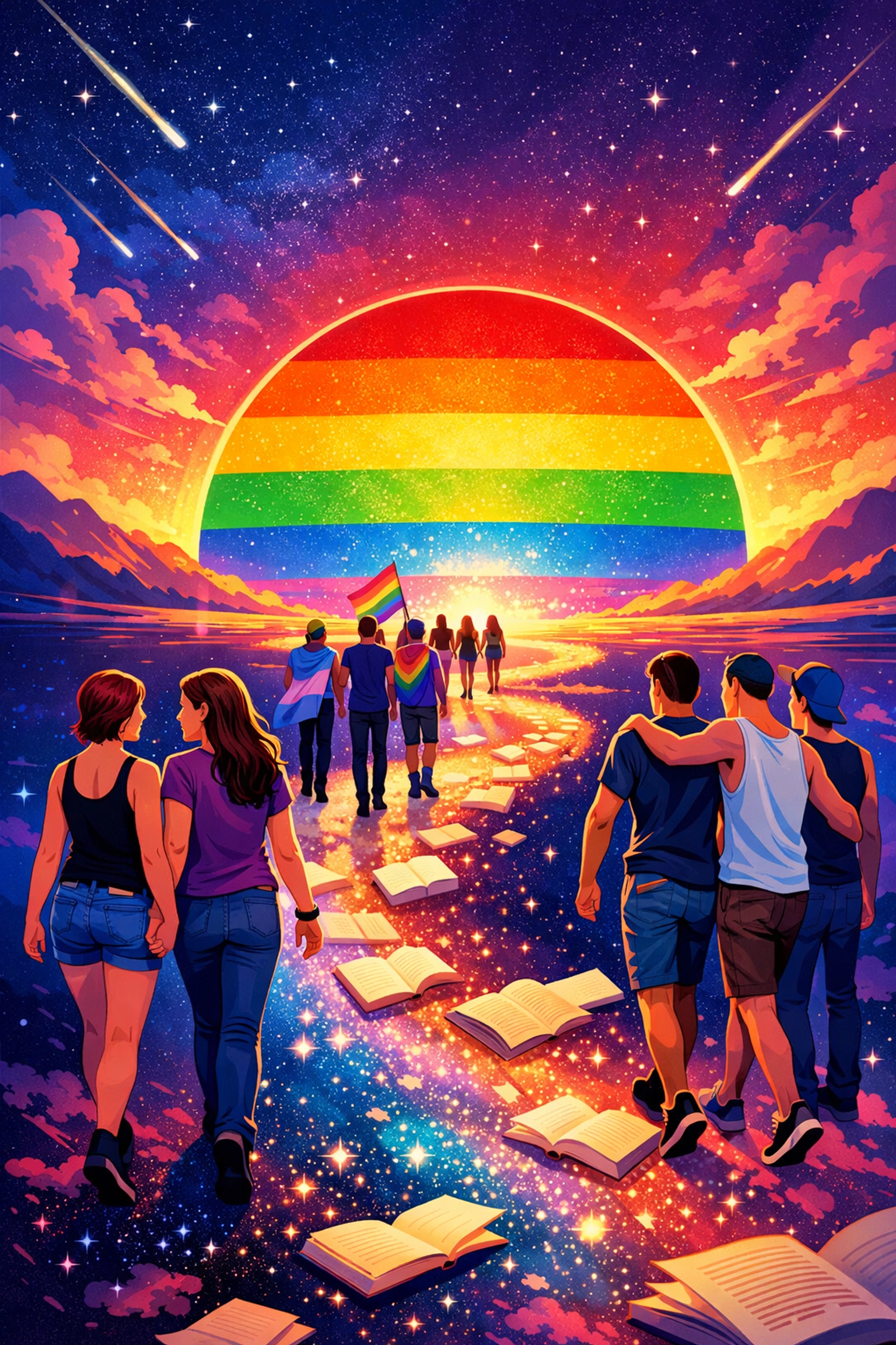 A diverse group walking toward a rainbow sun on a path of books, symbolizing the power of LGBTQ+ ebooks.