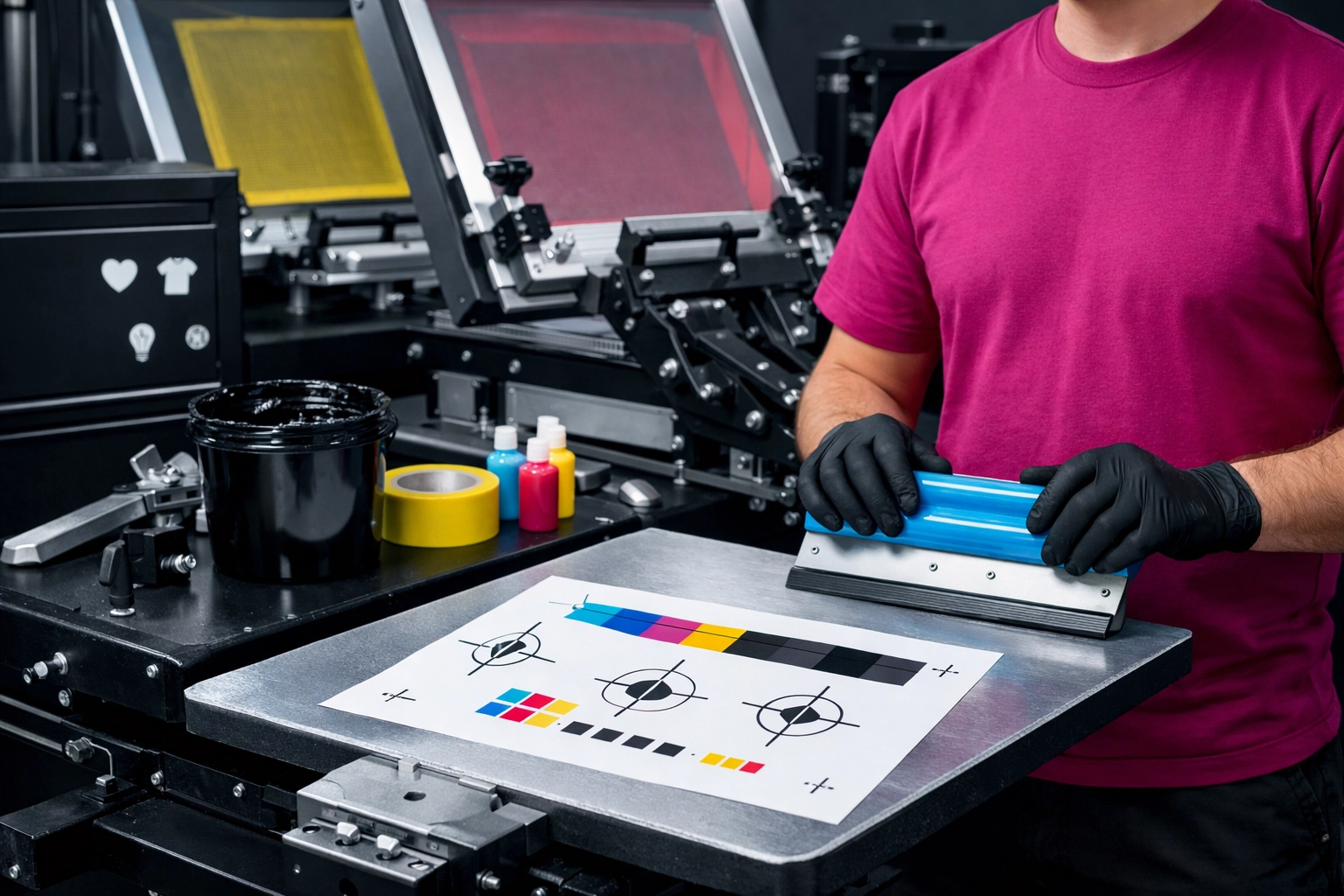 Adjusting a manual screen printing press for high-quality custom apparel printing for a small business order.