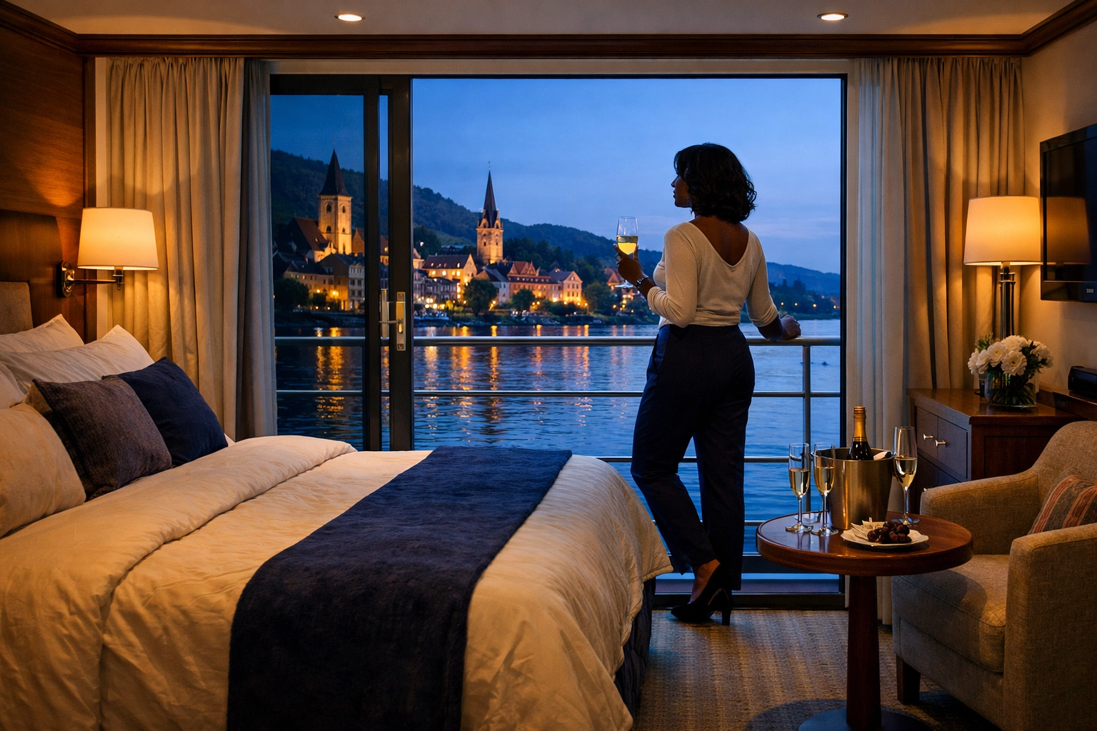 Premium river cruise cabin with French balcony overlooking European village