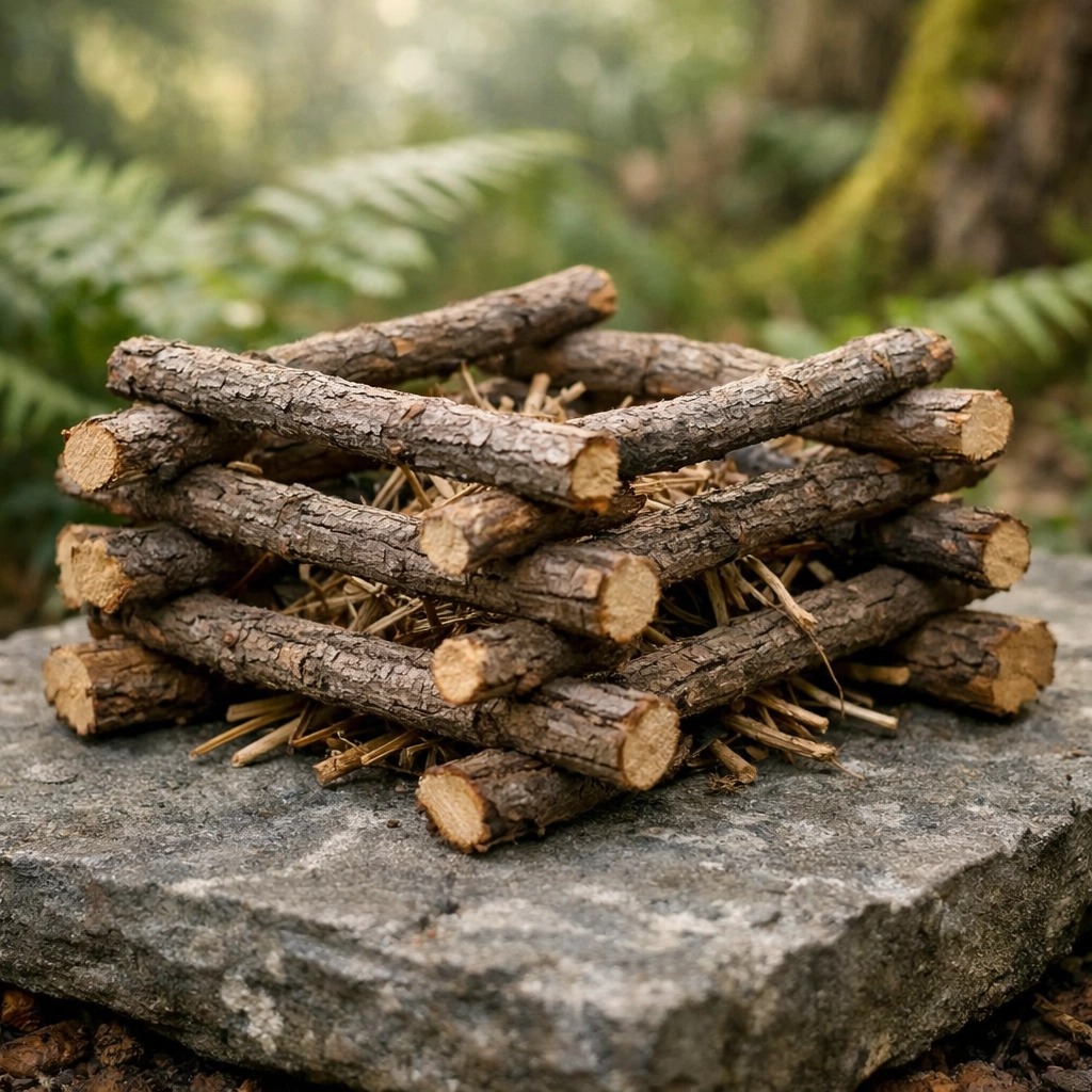 A log cabin style fire structure built with dry twigs on a stone to allow oxygen flow for wild camping.