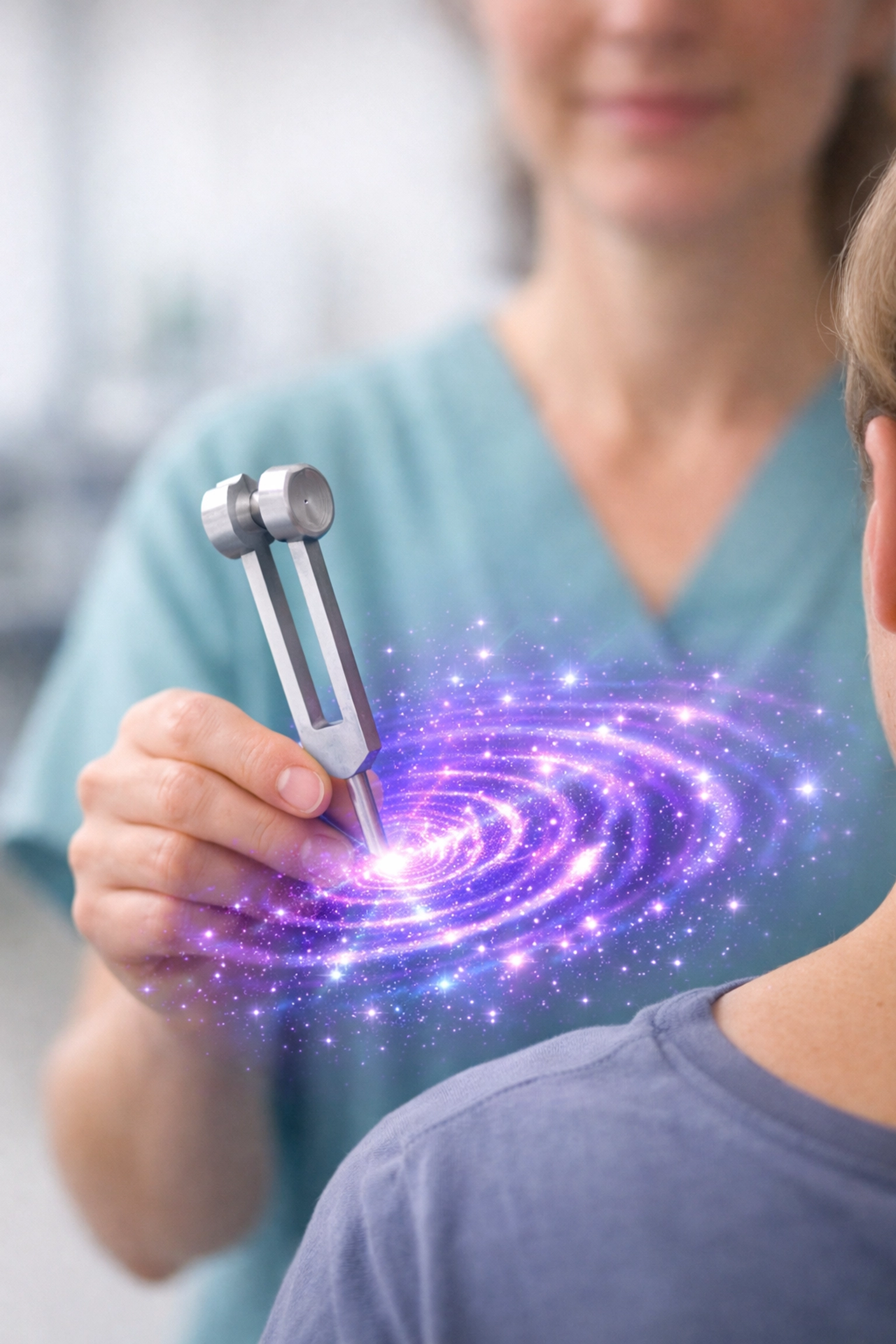 Healthcare professional using a tuning fork to demonstrate clinical sound therapy techniques.
