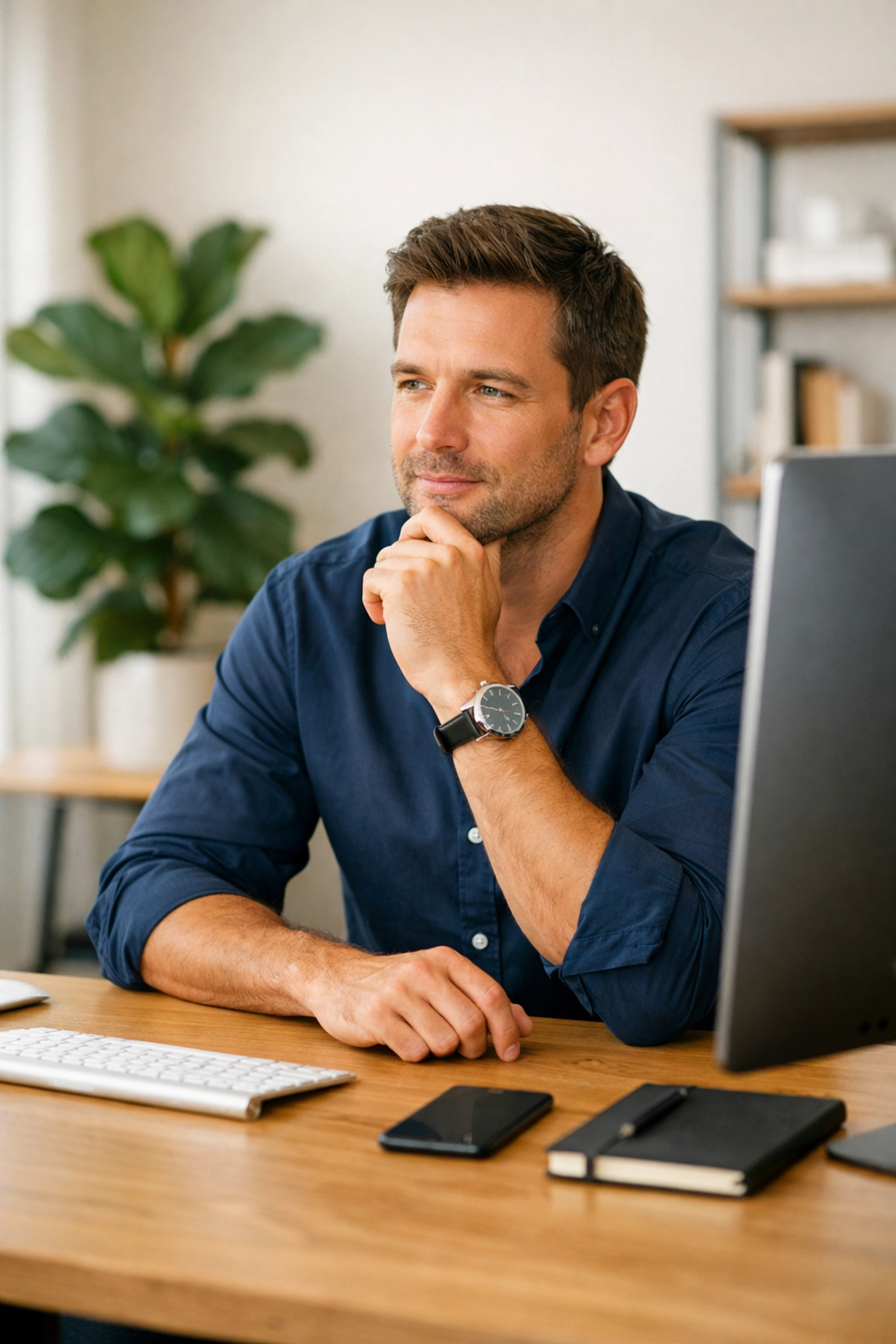 A focused business founder at a modern desk using workflow automation to scale his small business efficiently.