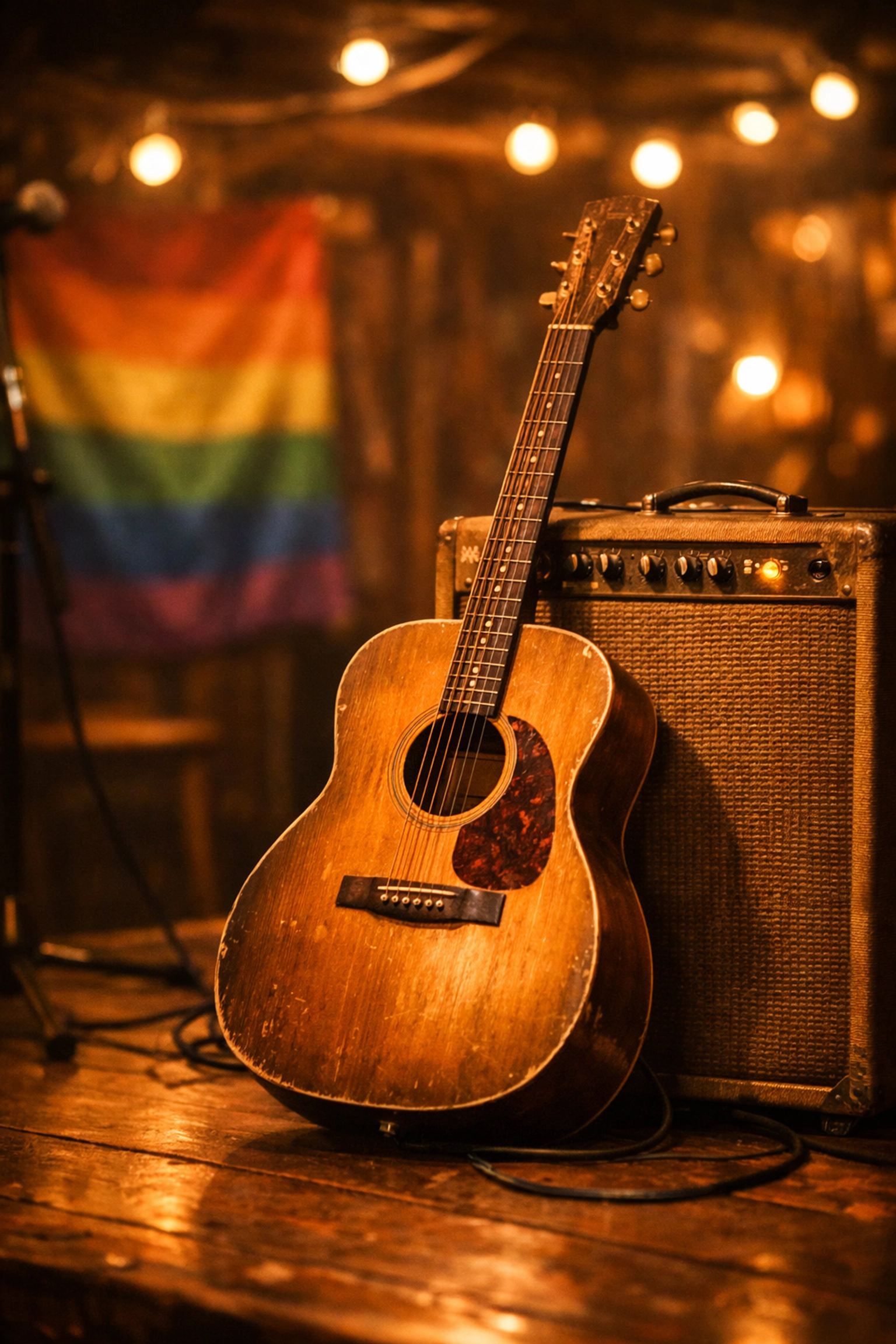 Acoustic guitar on stage with rainbow pride flag representing queer Americana music authenticity
