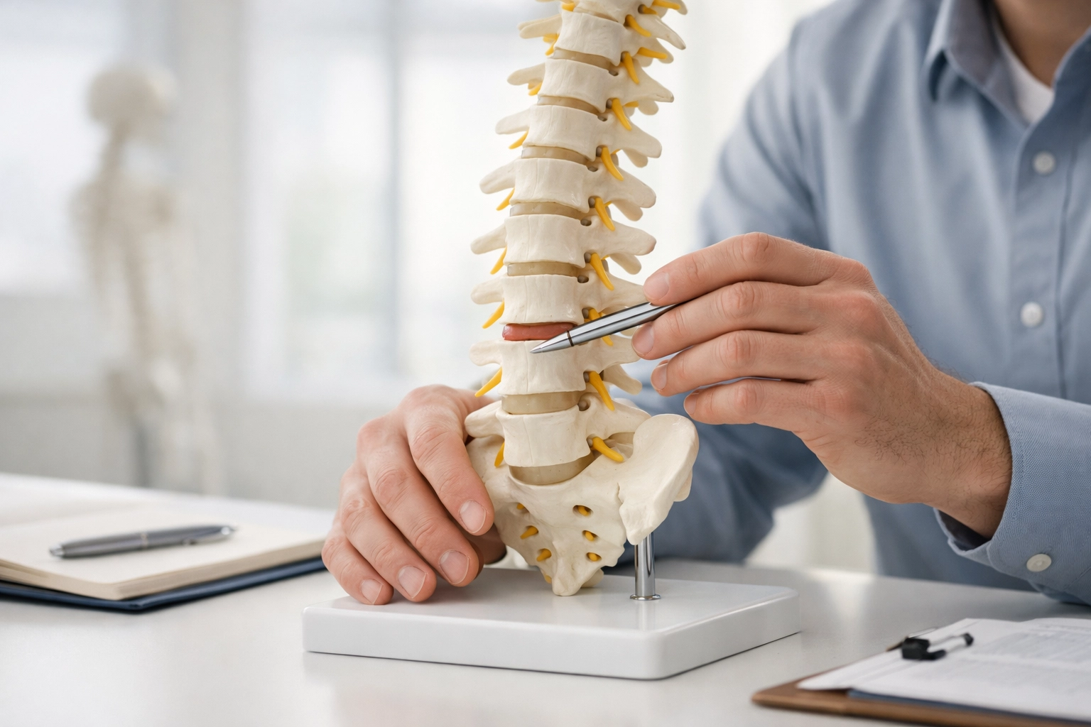 A chiropractor explaining spinal health using a medical model in a bright, professional clinic office.