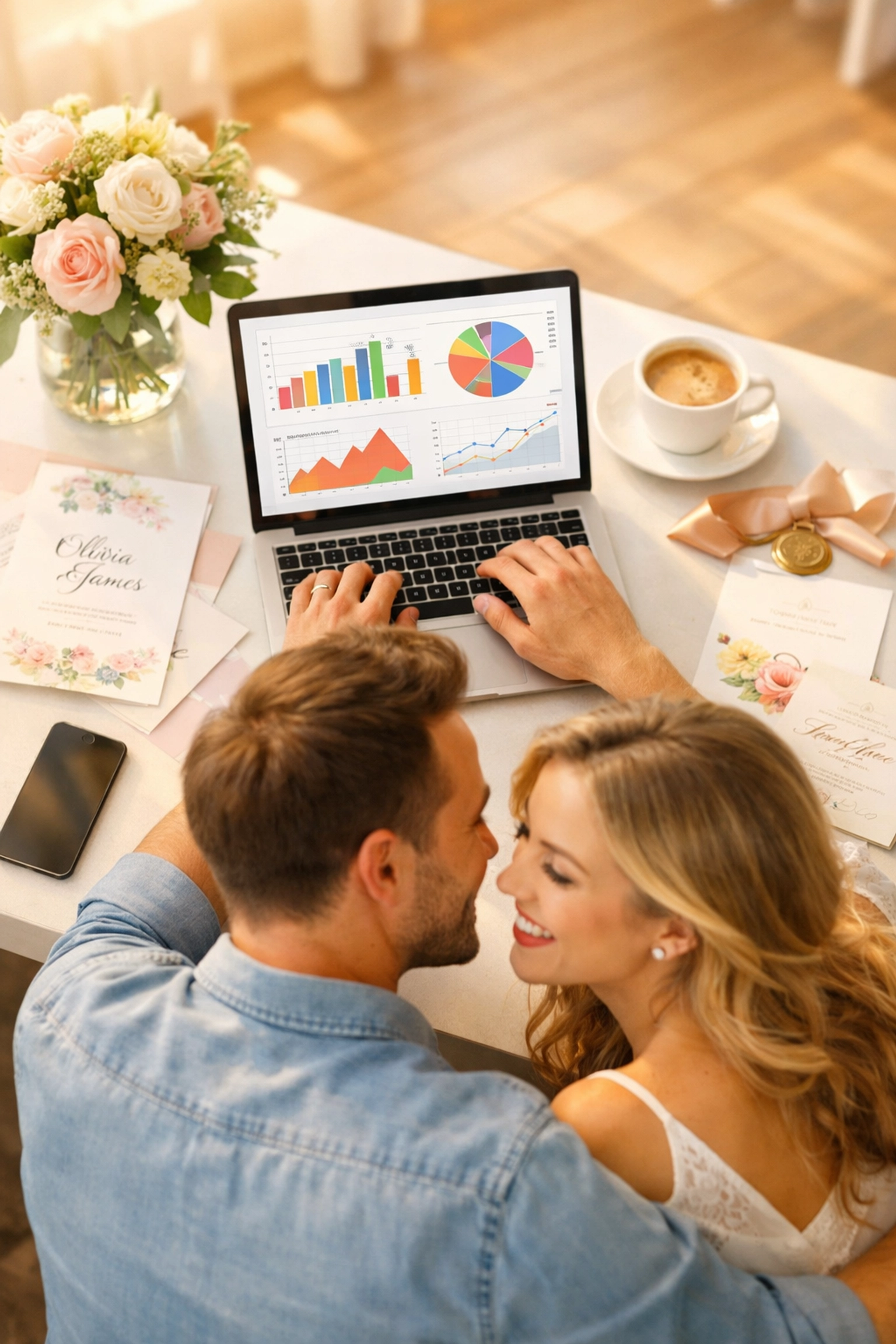Engaged couple planning wedding with laptop reviewing online RSVP funding strategies