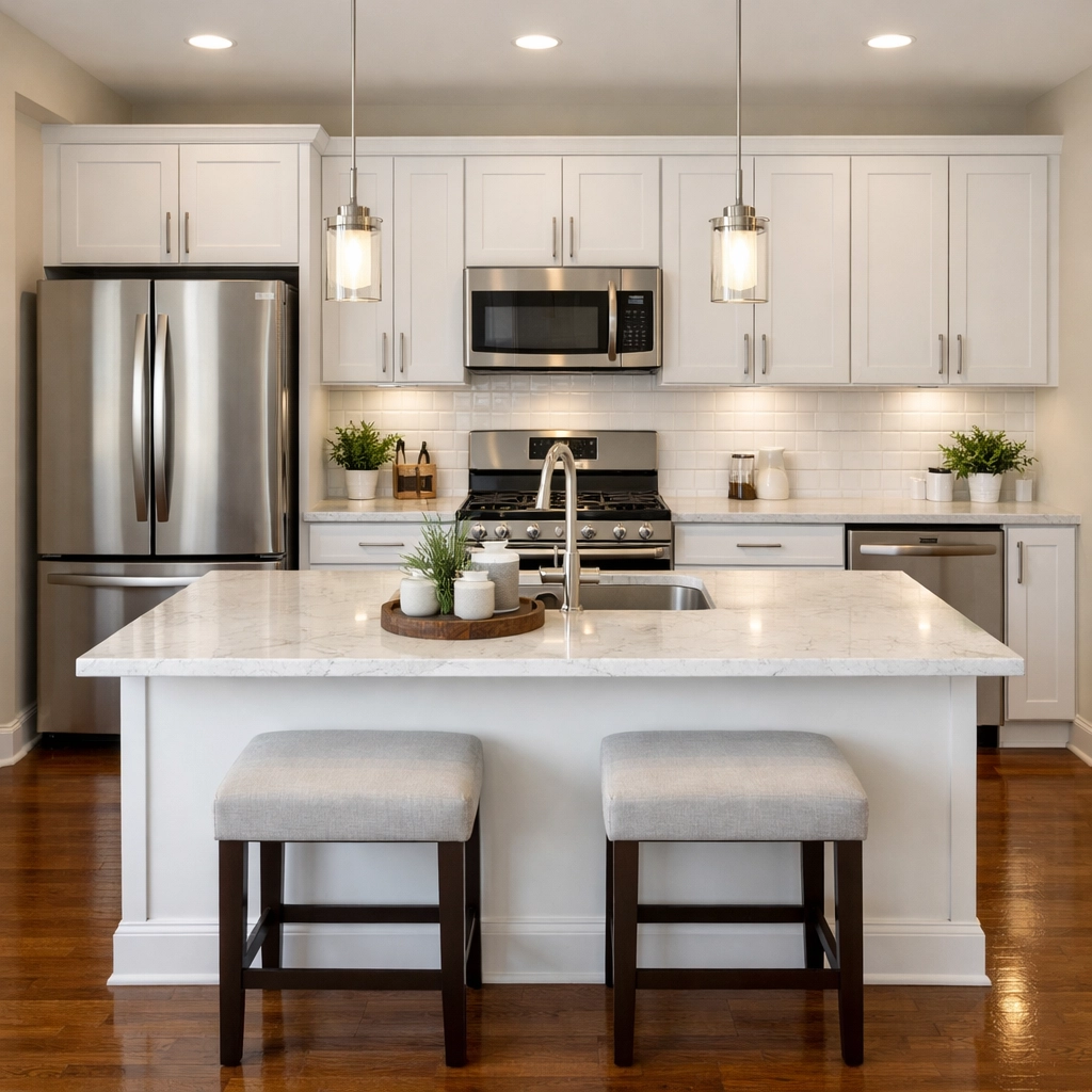 Impeccably clean Indianapolis apartment kitchen following a professional multifamily turnover service.