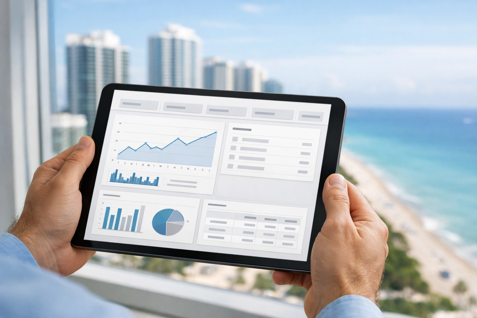 Tablet showing a modern digital portal dashboard with a sunny South Florida coastal high-rise view in the background