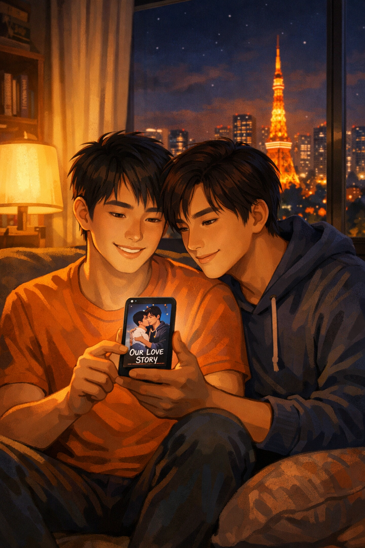 Two gay men reading MM romance books together, finding community and hope in queer fiction