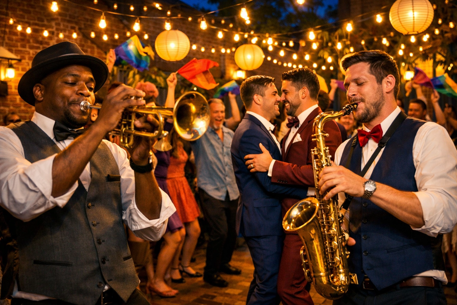 Live jazz band performs at LGBTQ+ wedding reception in New Orleans with dancing couple and guests
