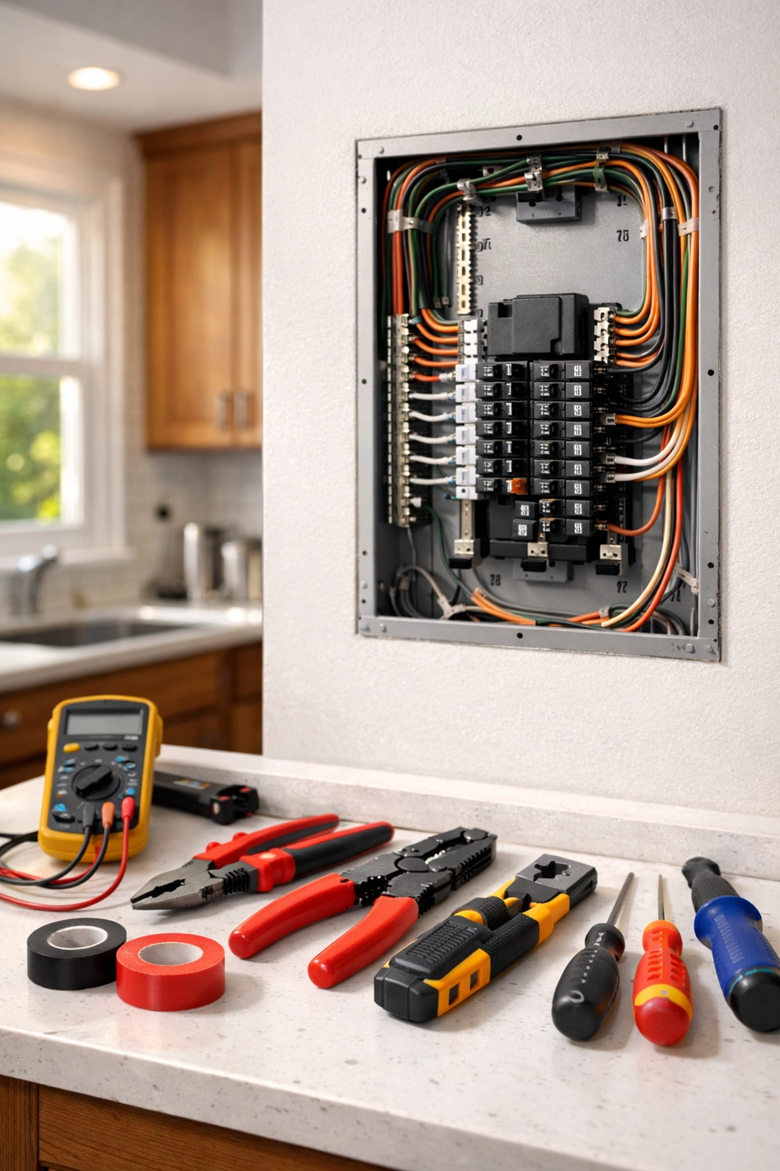 Electrical panel upgrade during Edmonton kitchen renovation with new wiring and professional tools