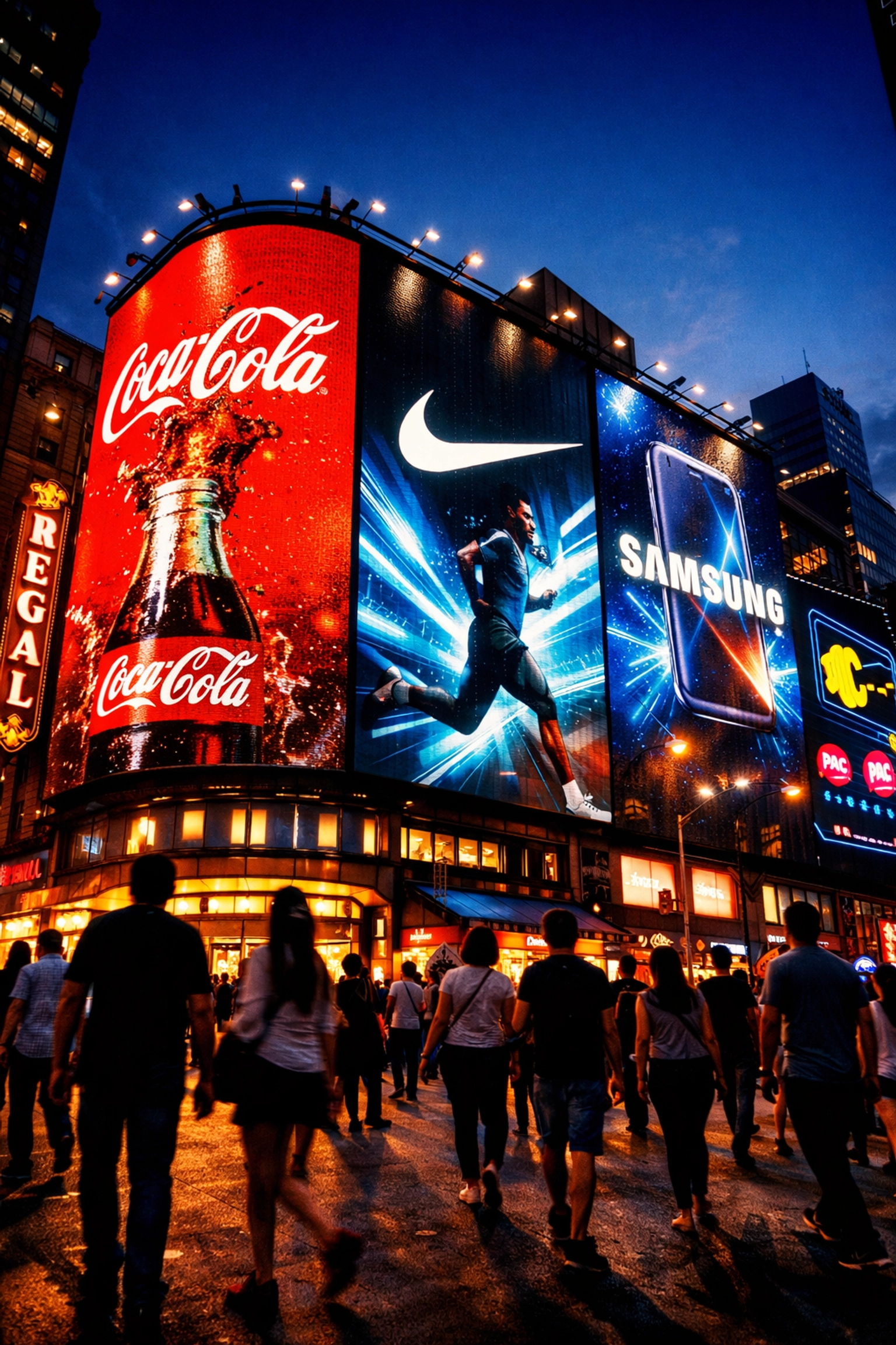 Digital billboard display in urban entertainment district with crowds during Super Bowl season