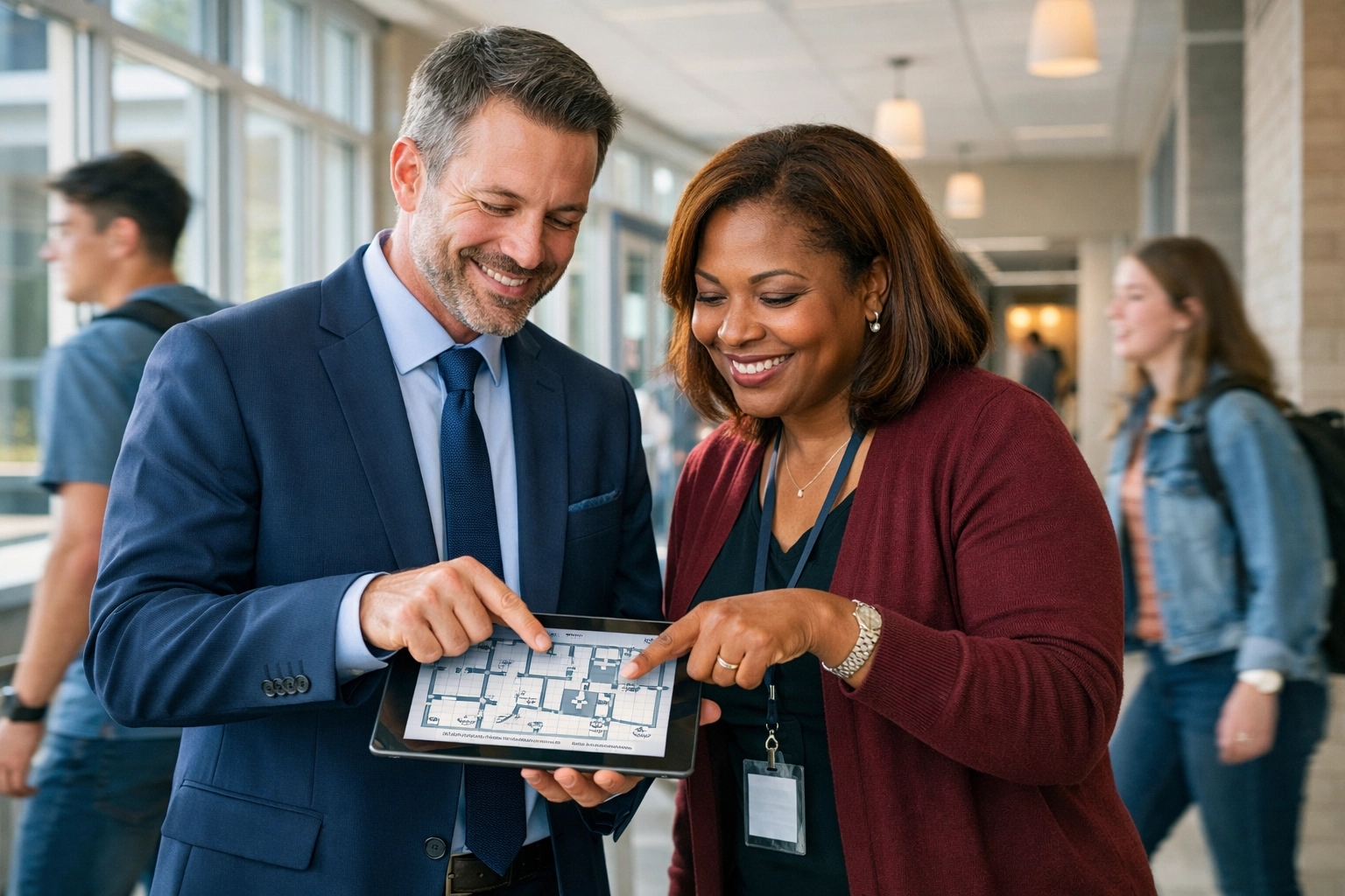 Dakdan Worldwide consultant and school administrator planning strategic media asset deployment in a modern high school.