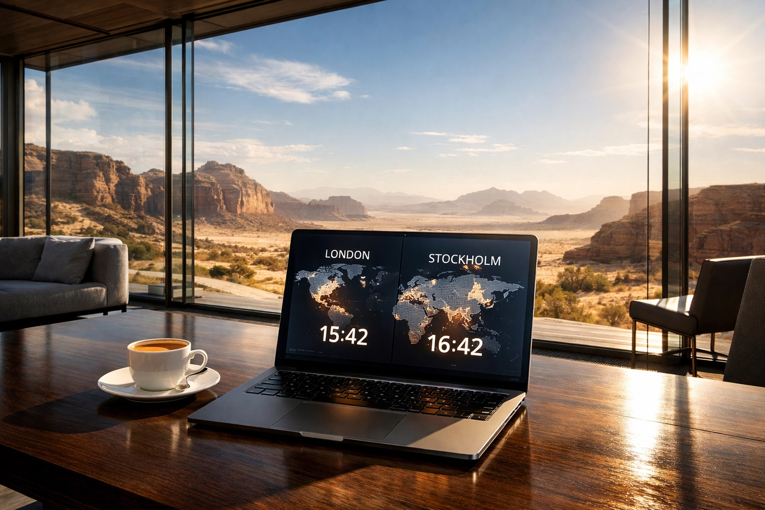 Modern Las Vegas workspace with global clocks for coordinating international business meetings.