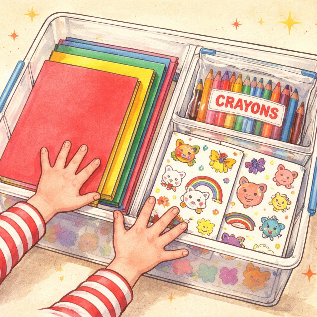 Overhead view of an organized sticker story bin with craft supplies like construction paper, crayons, and stickers for kids.