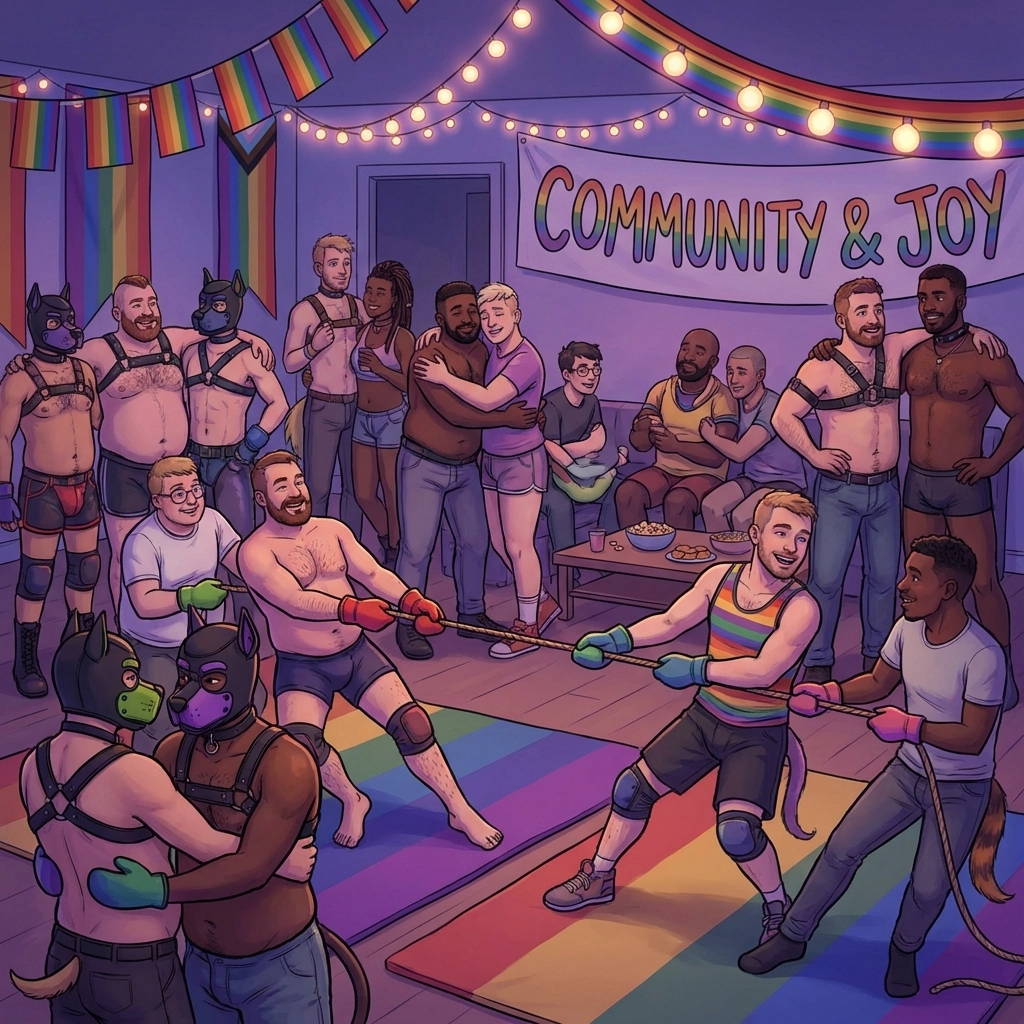 Queer puppy play community gathering showing pack dynamics and LGBTQ+ inclusivity