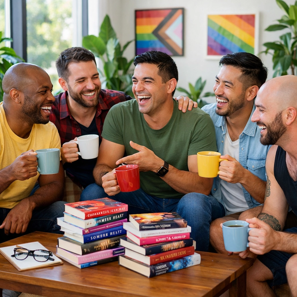 A diverse gay book club laughing while discussing their favorite MM romance books and novels.