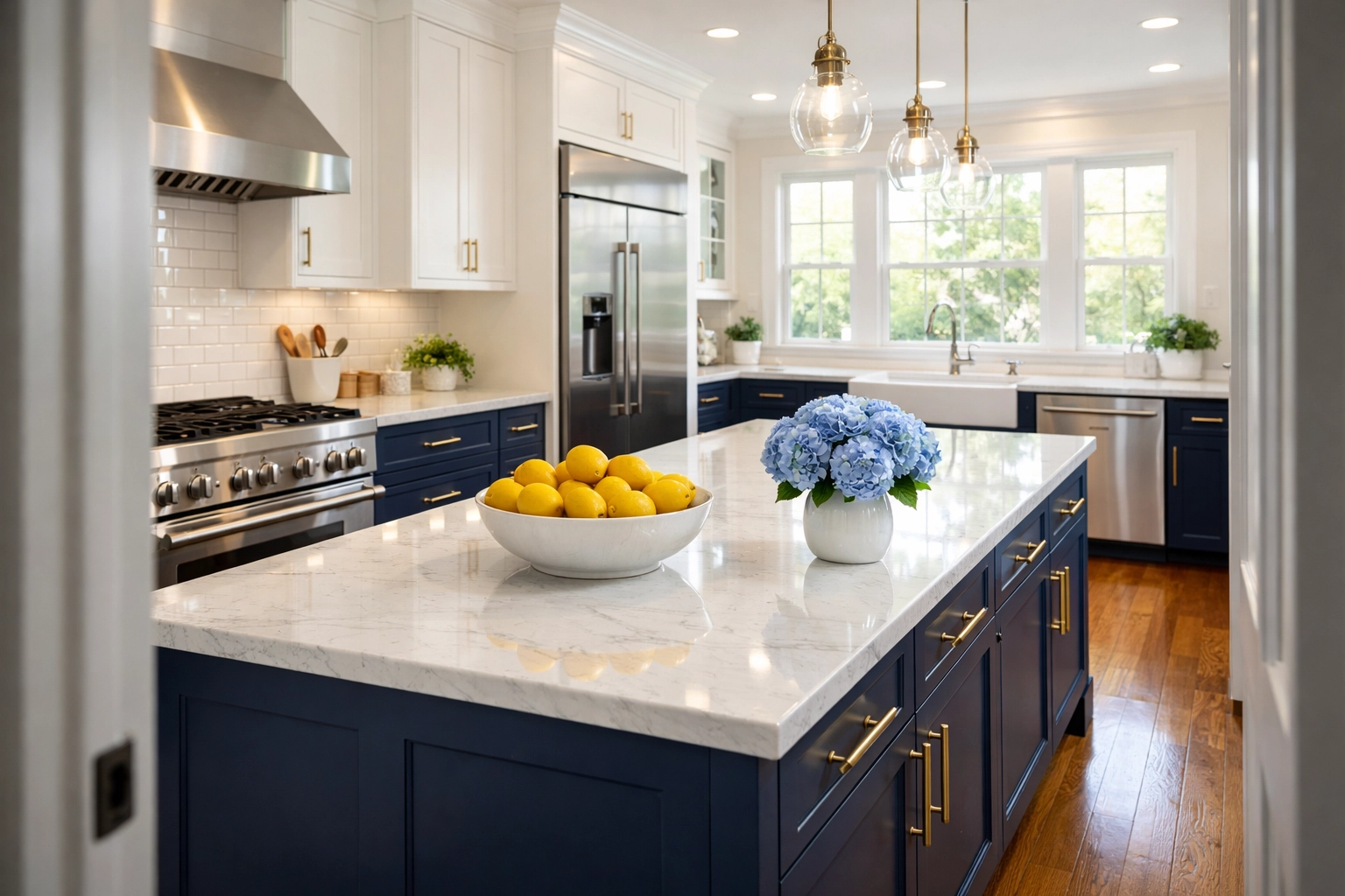 Sparkling modern kitchen with marble counters, showcasing deep cleaning MA for Spring Cleaning Massachusetts.