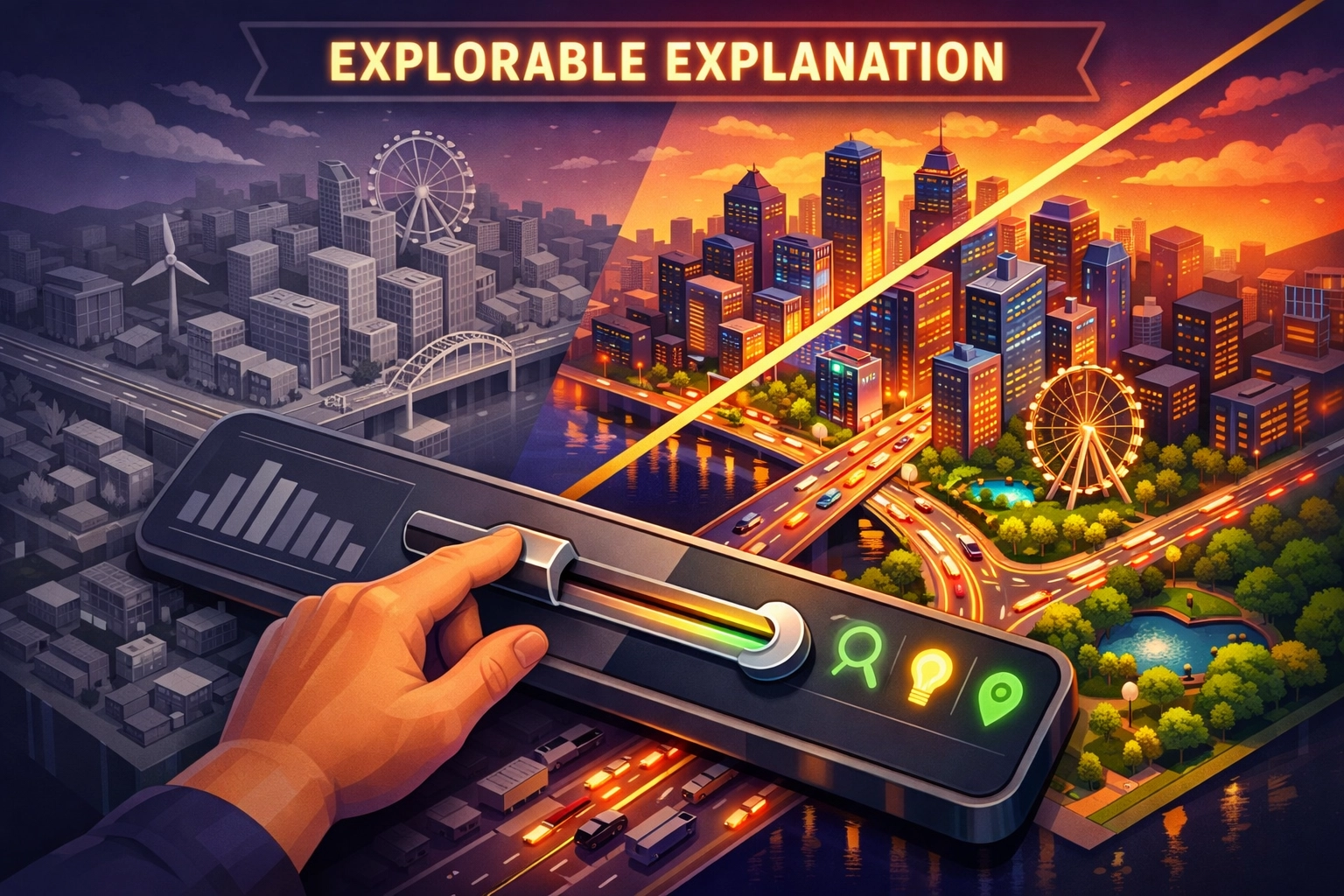 Hand adjusting an interactive slider to demonstrate explorable website content and user engagement.