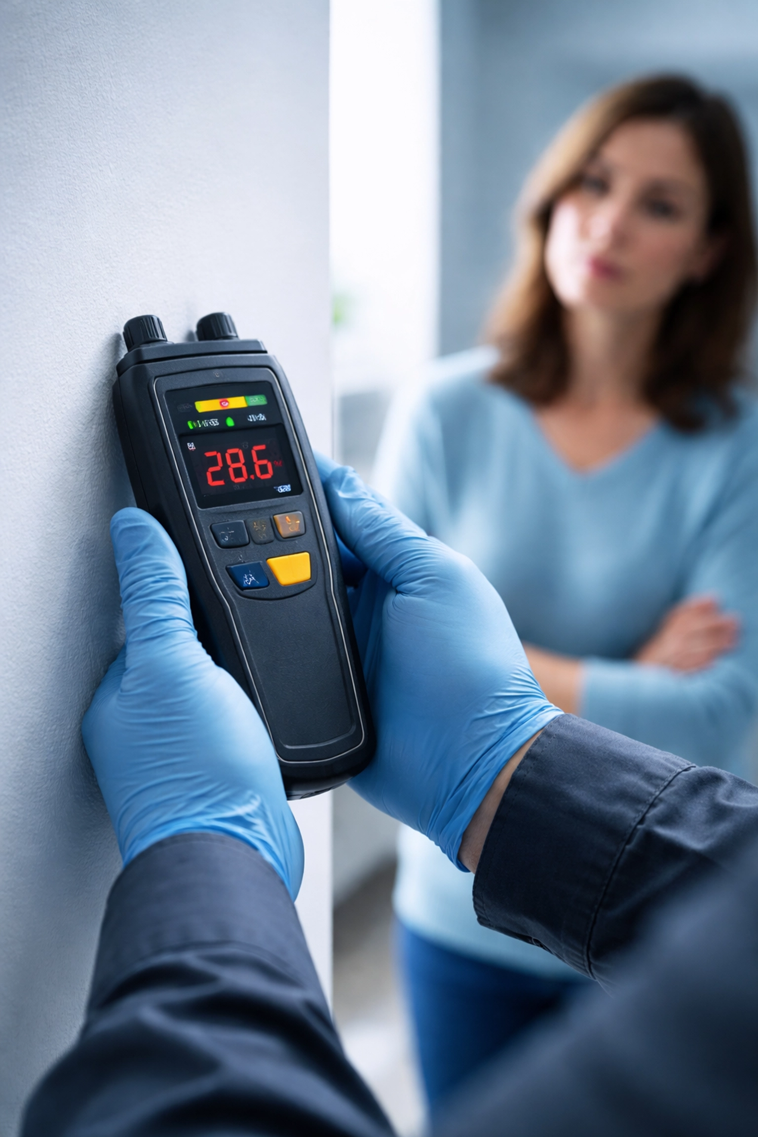 Close-up of mold inspector using moisture meter on drywall, showing importance of mold inspection for hidden moisture.