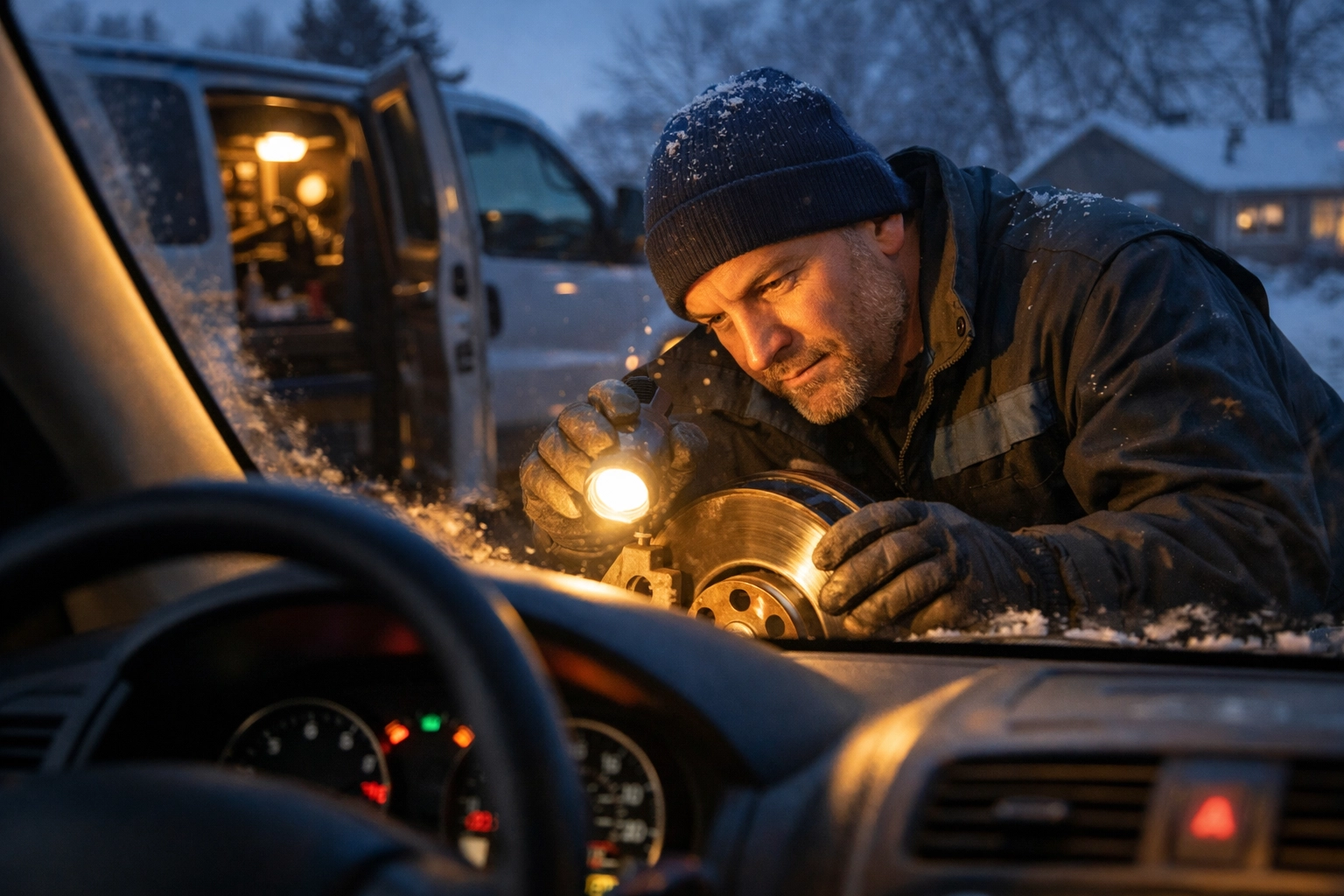 Mobile mechanic inspecting brake system during winter evening in Green Bay