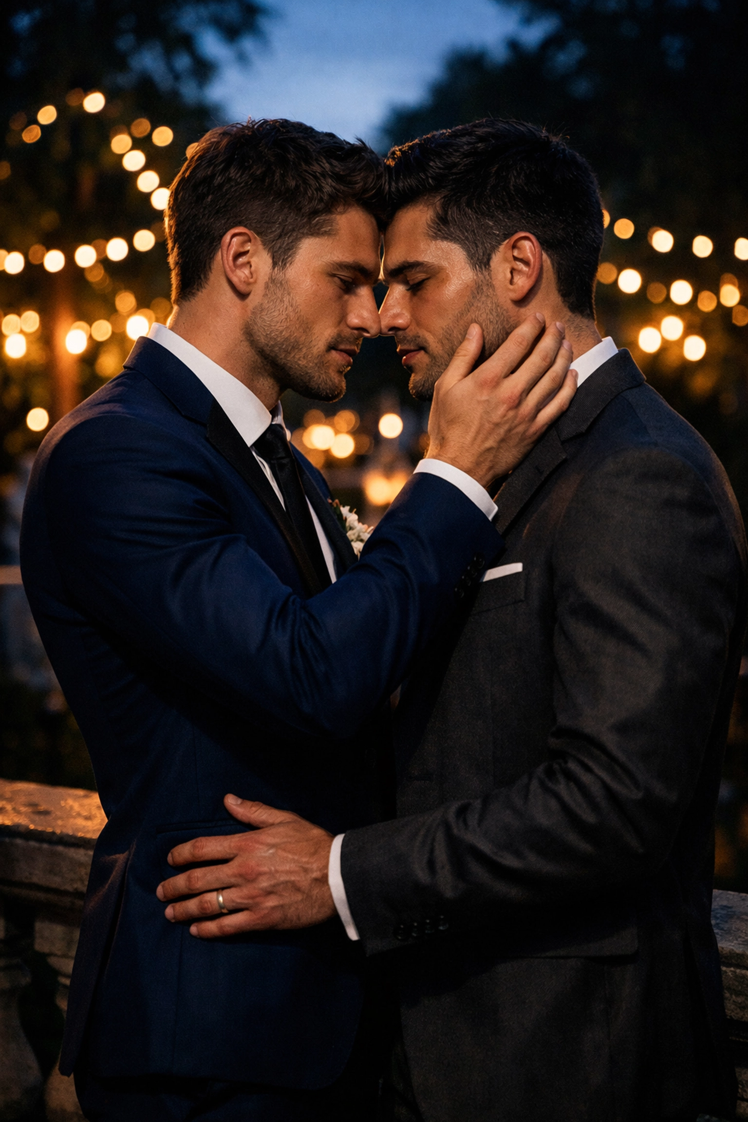 Two men in elegant suits share an intimate moment at a wedding, representing a second-chance MM romance story.