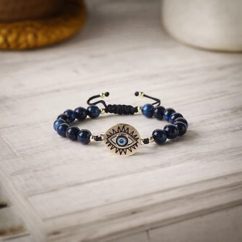 Adjustable bracelet featuring polished blue Tiger’s Eye gemstone beads and a central metal circle with a stylized evil eye motif.