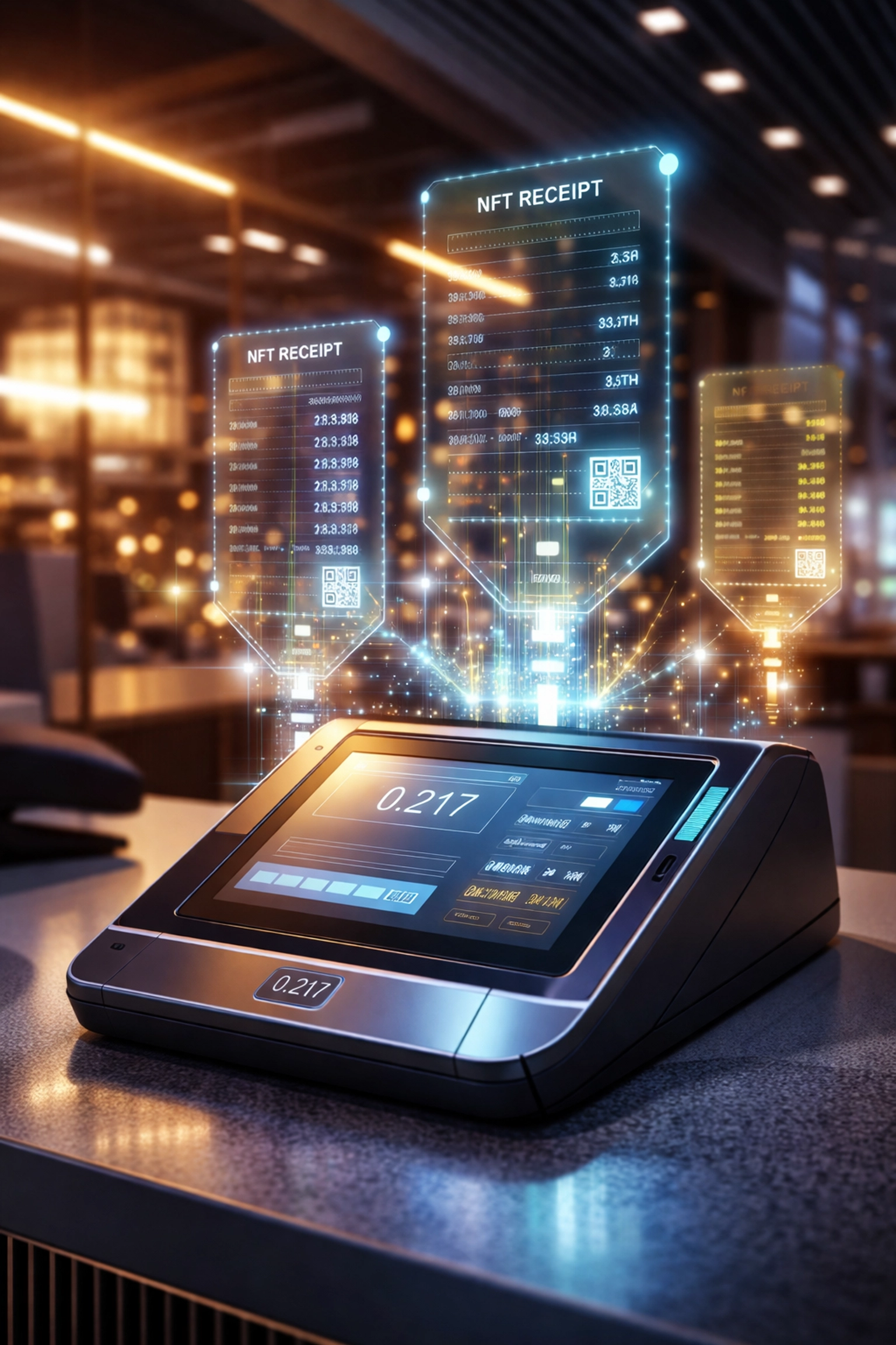 Modern crypto POS terminal with digital NFT receipts, showcasing Larecoin’s advanced Web3 payment features for merchants