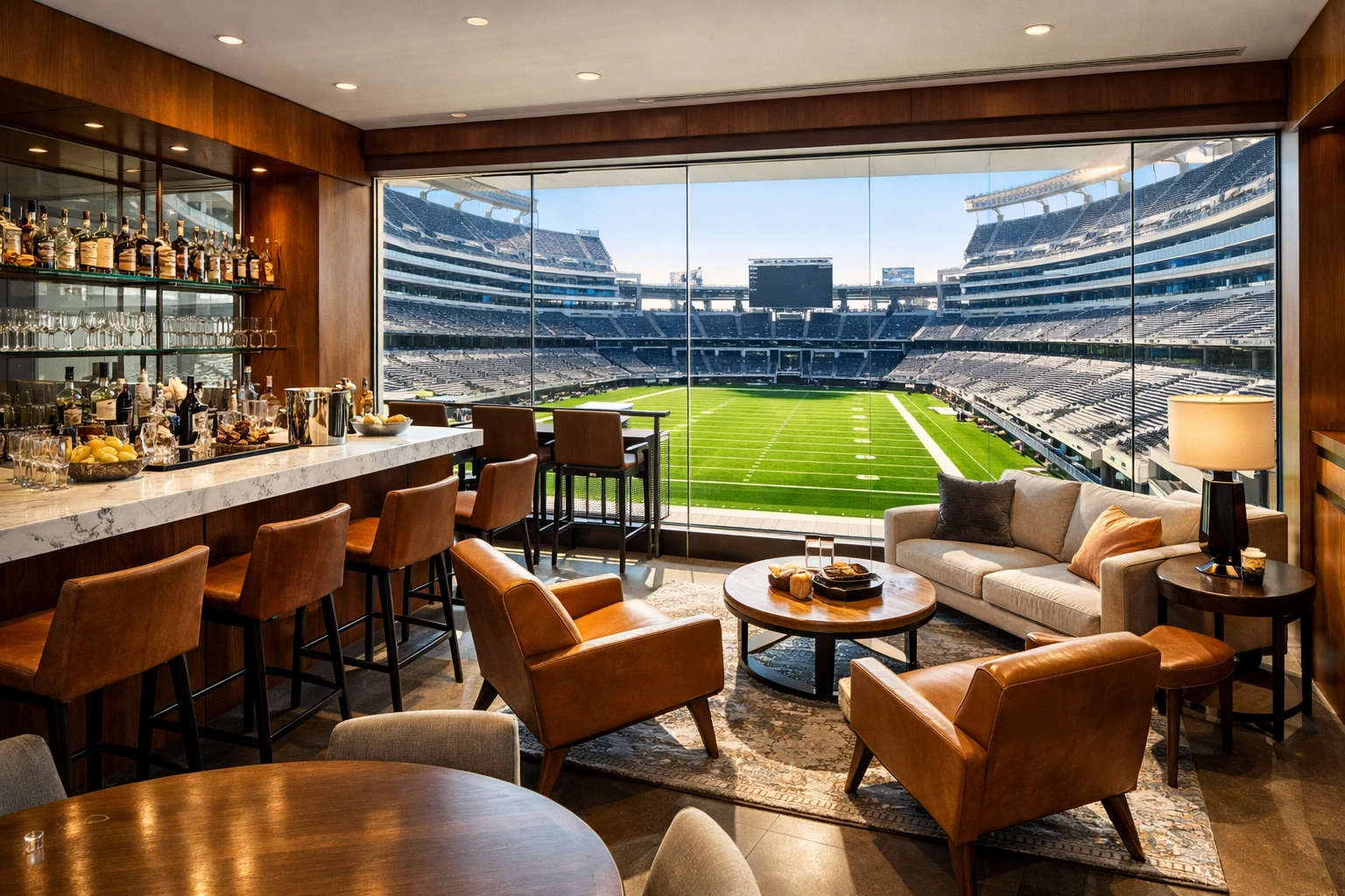 Luxury Super Bowl executive suite with modern furniture and a panoramic field view for corporate networking.