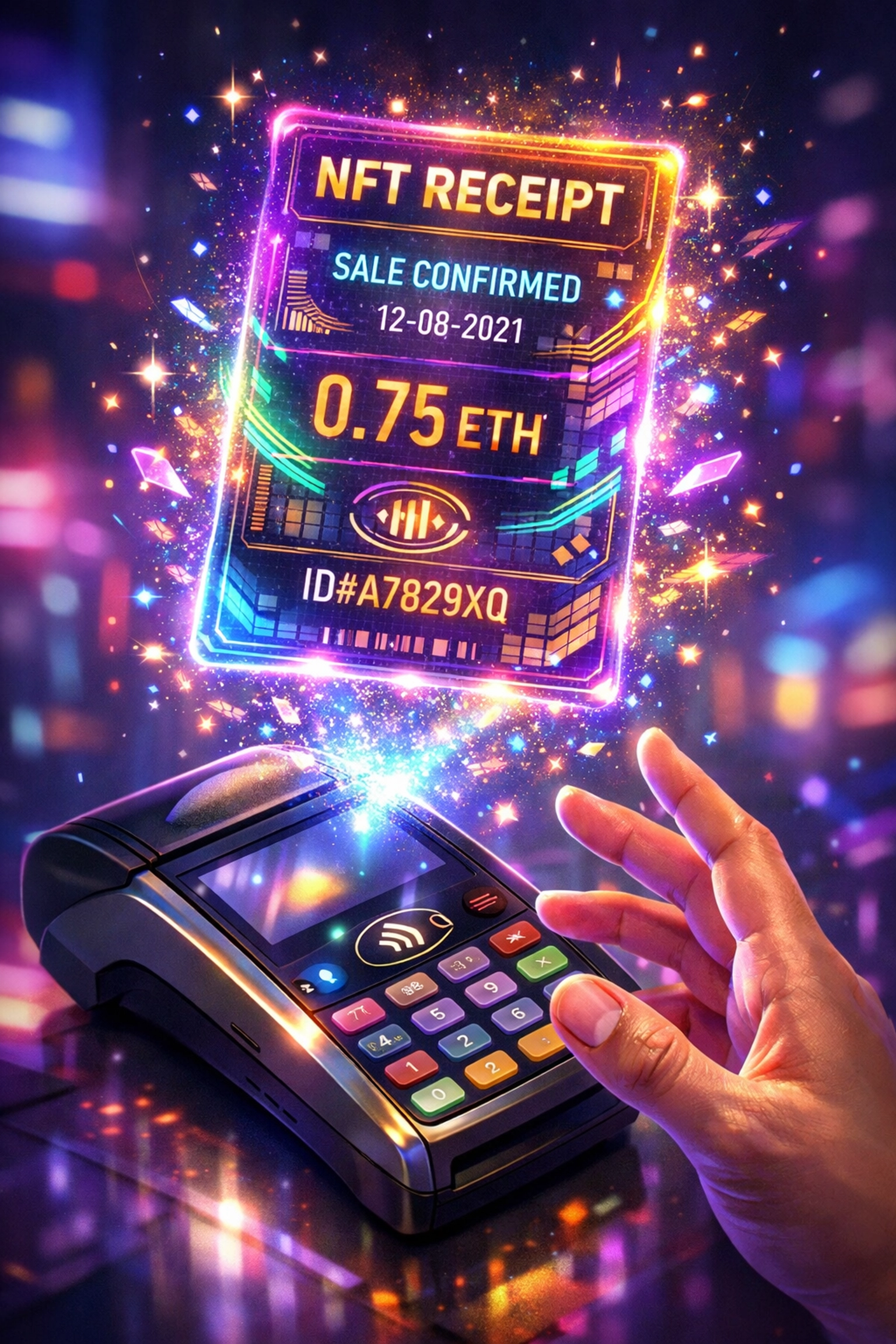 NFT receipt as digital collectible hovering over crypto POS terminal