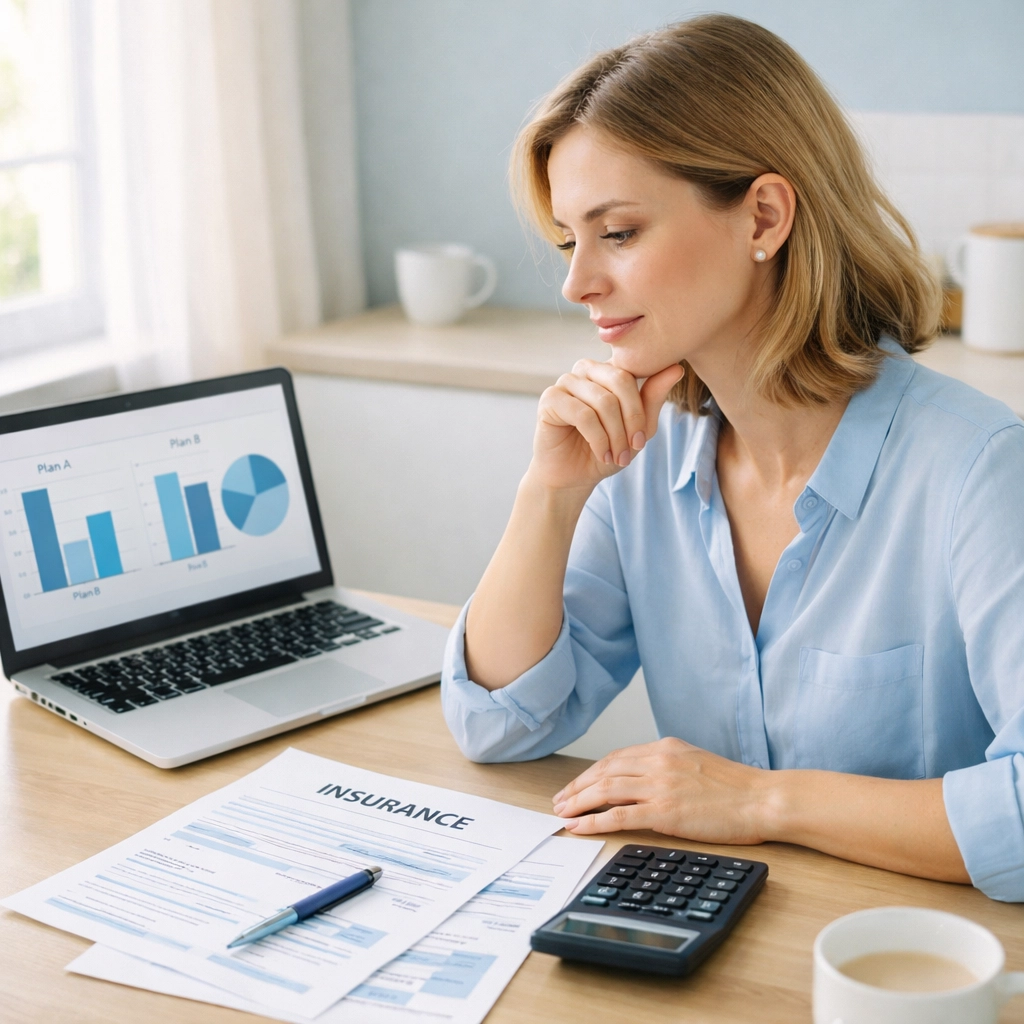 Woman comparing car insurance quotes Pennsylvania rates on laptop with calculator and documents